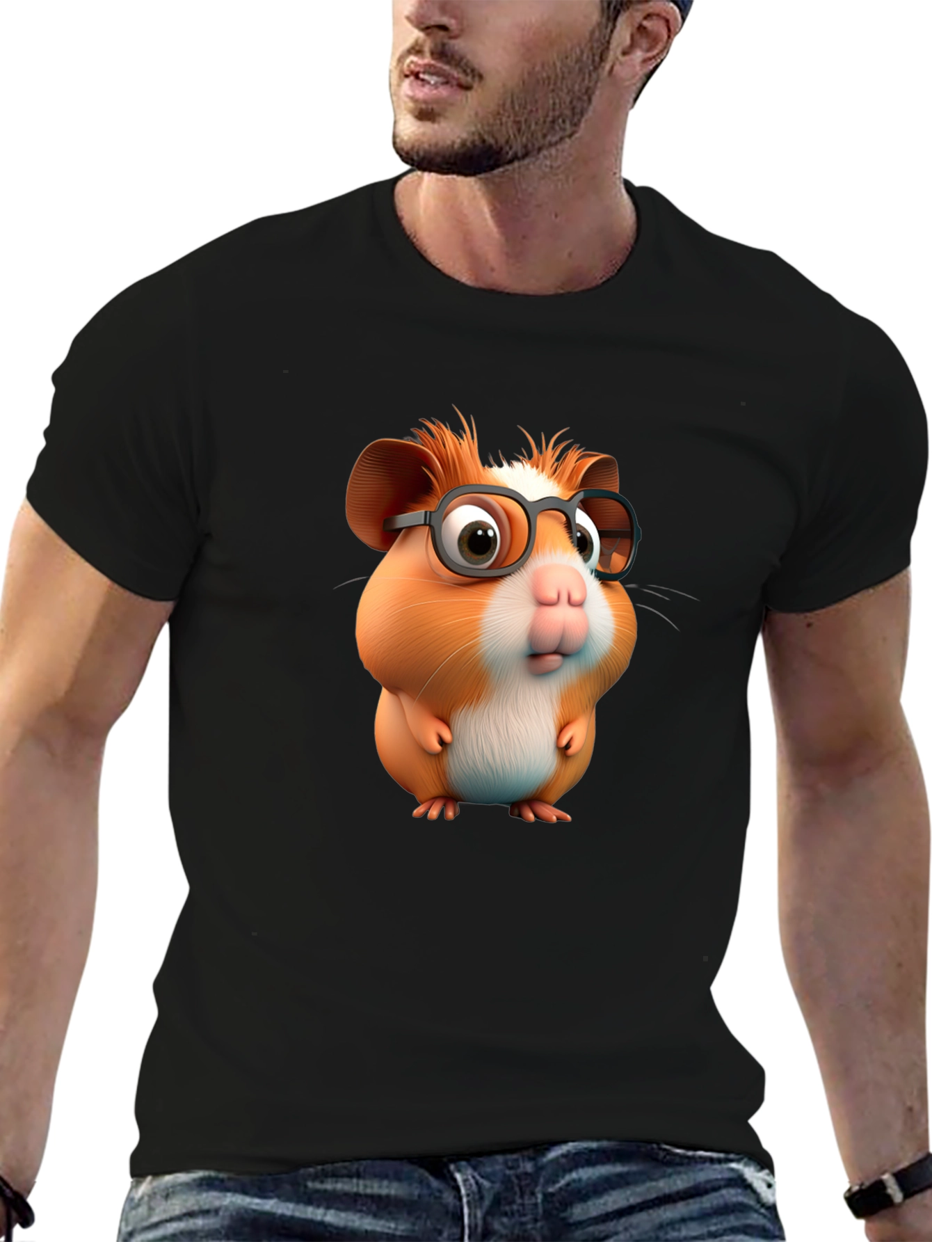 Black Cute Hamster with Glasses Graphic Tee view 6