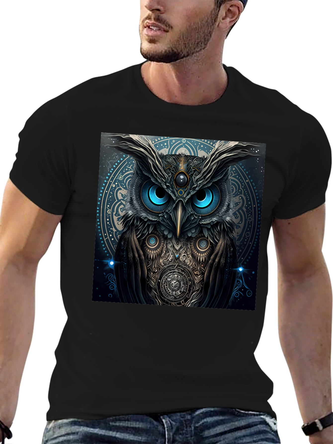 Black Mystic Owl Graphic Tee - Black Cotton Blend view 6