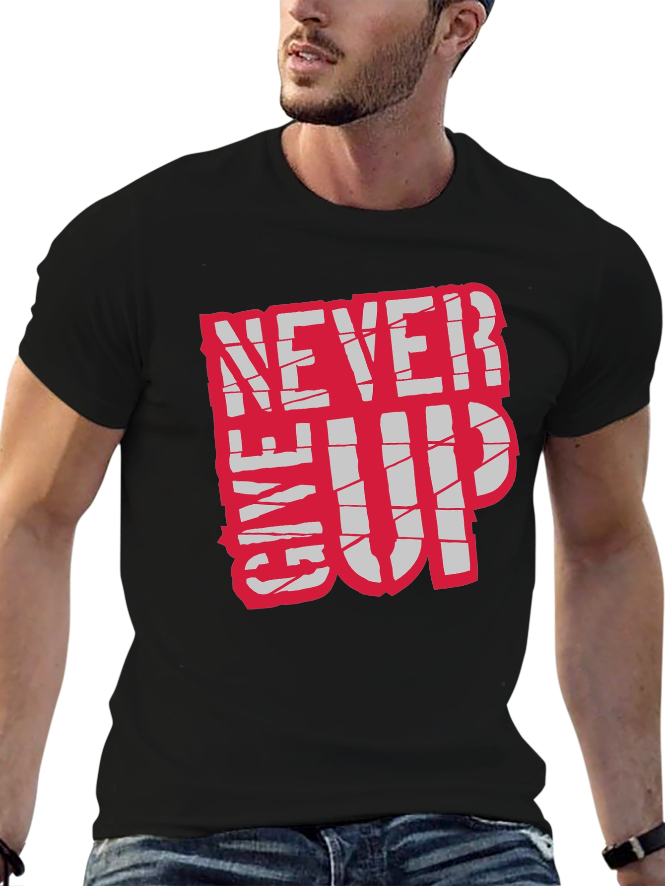 Black Motivational 'Never Give Up' Black T-Shirt view 6