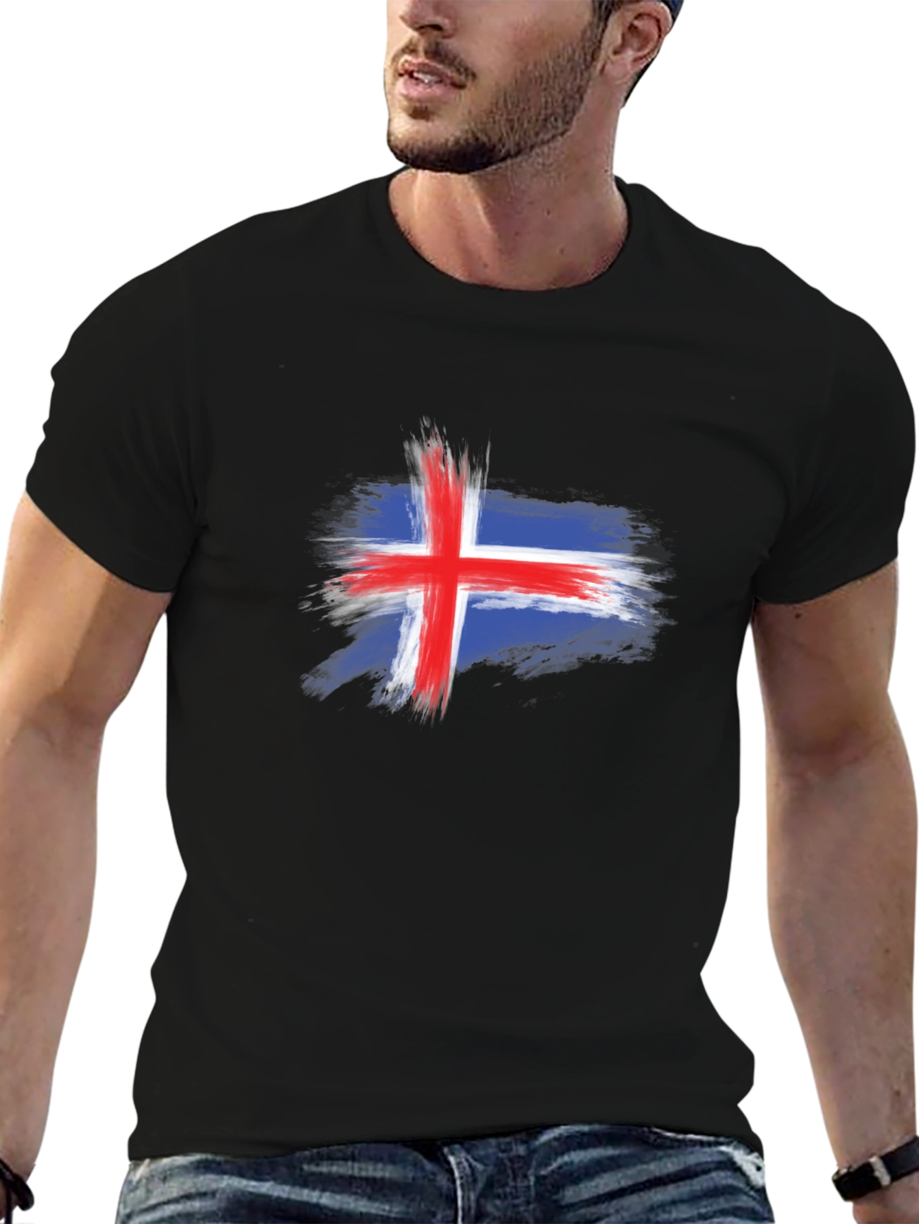 Black Iceland Flag Brush Stroke Men's Black T-Shirt view 6