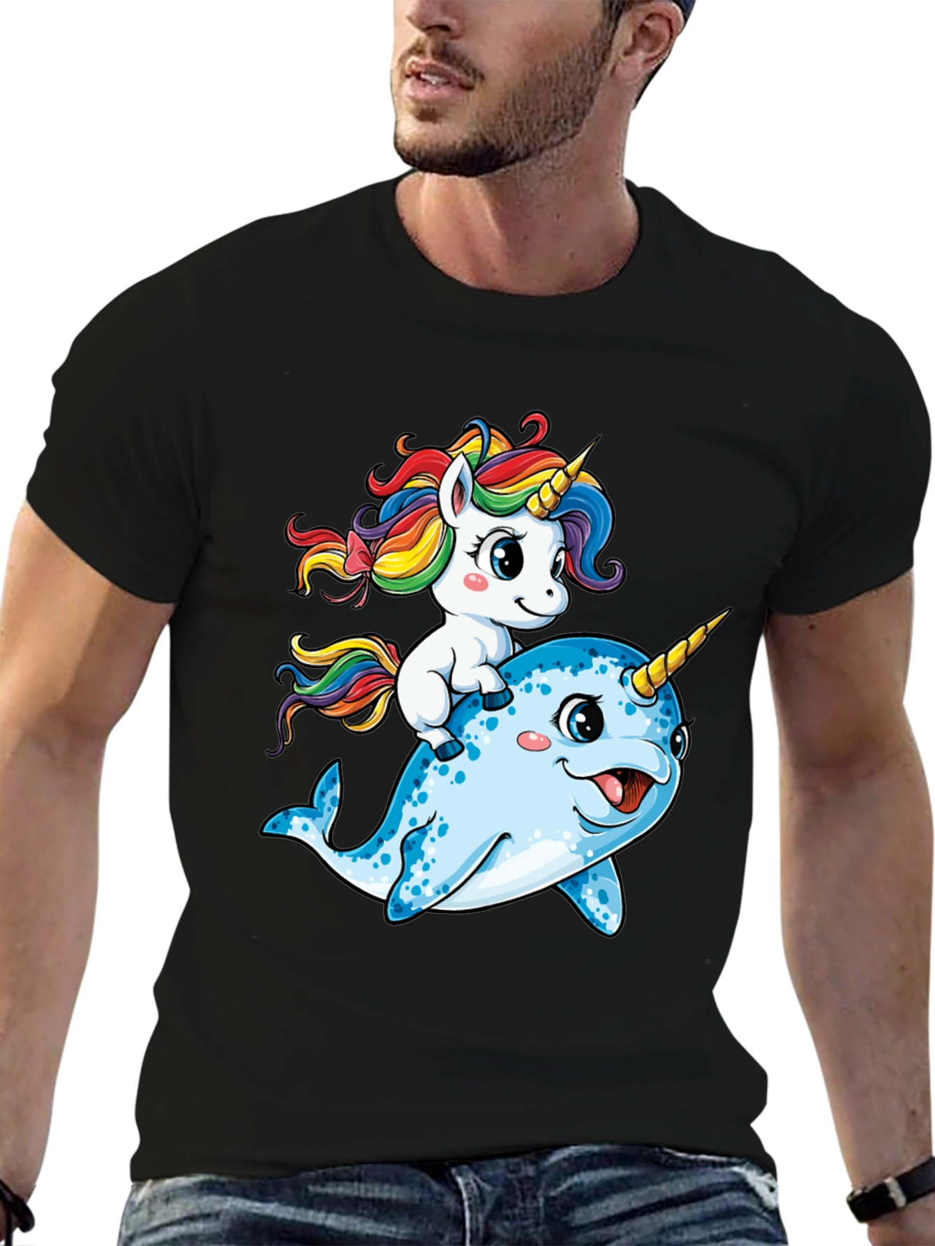 Black Unicorn Riding Narwhal T-Shirt view 6