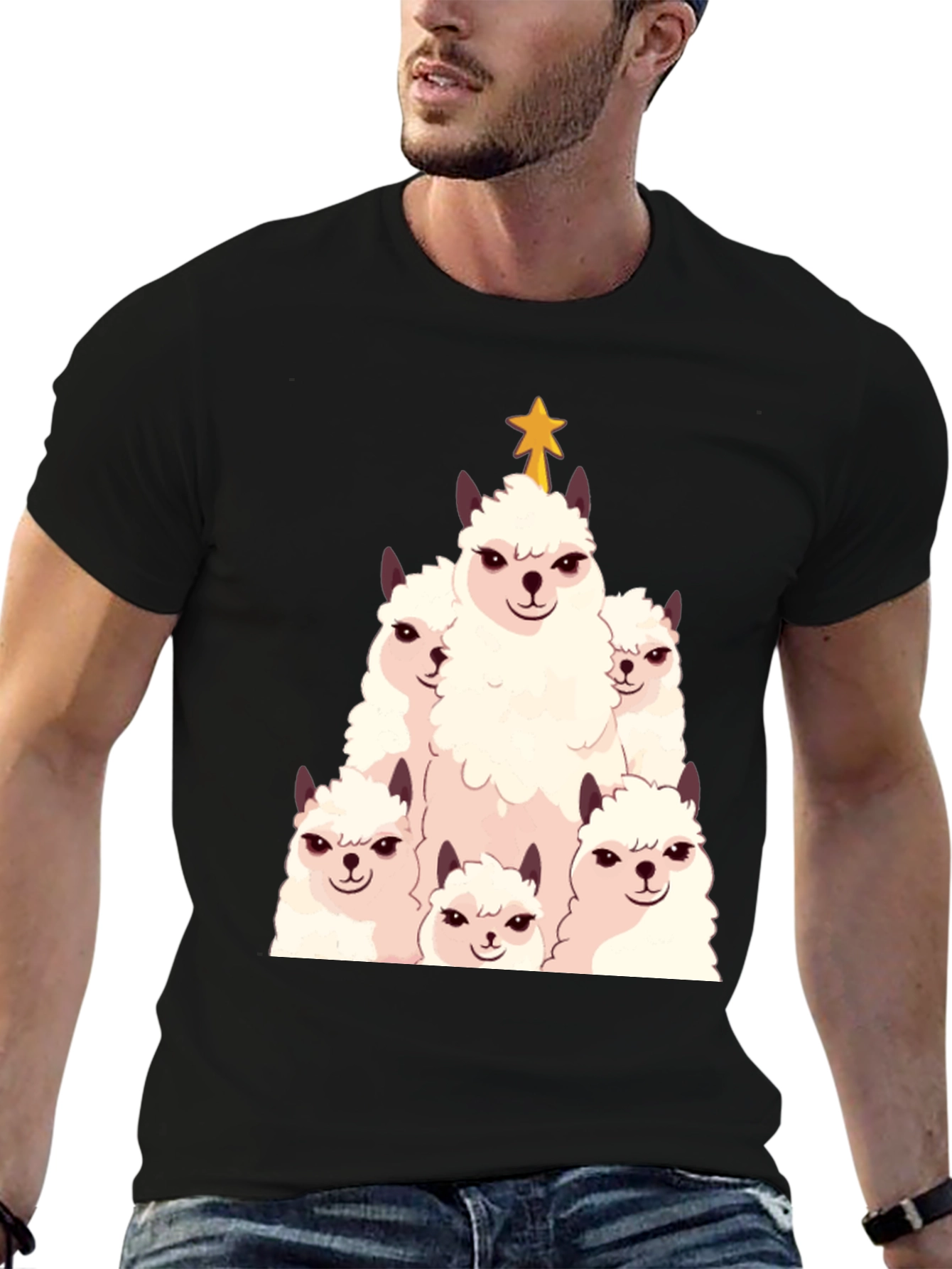 Black Llama Christmas Tree T-Shirt - Festive Holiday Apparel view 6