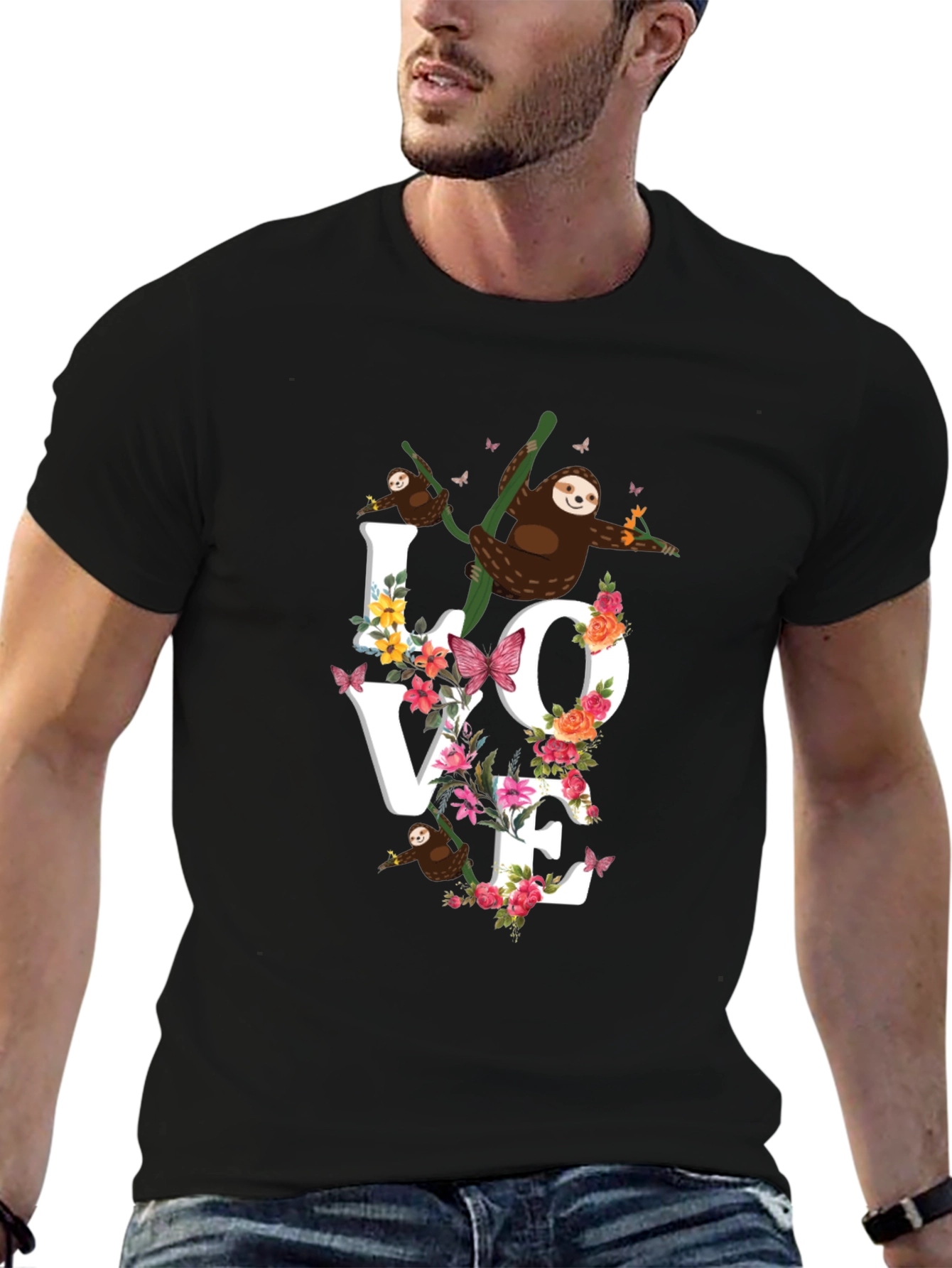 Black Sloth Love Floral Graphic T-Shirt view 6