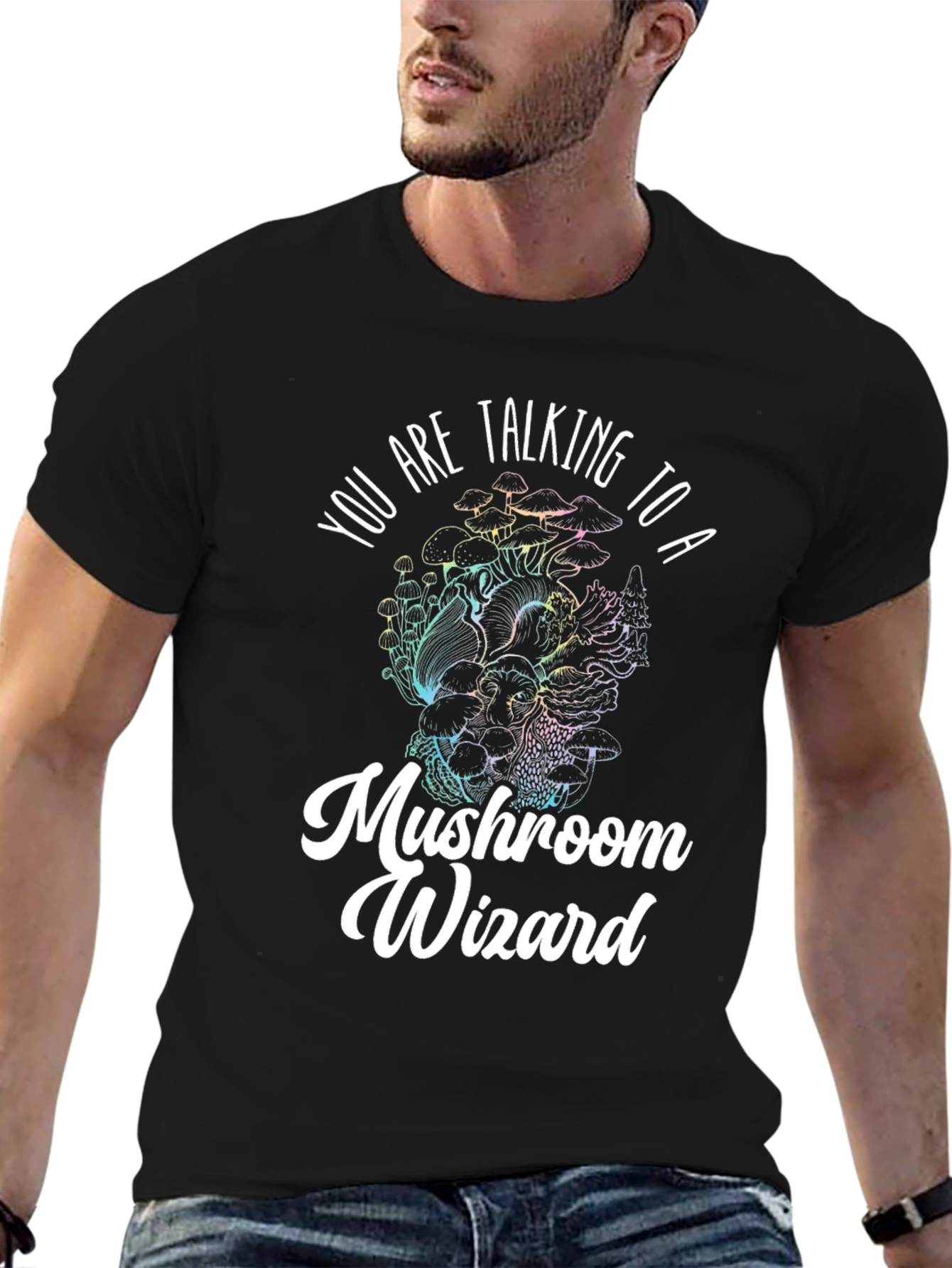 Black Mushroom Wizard Graphic Tee - Black Novelty T-Shirt view 6