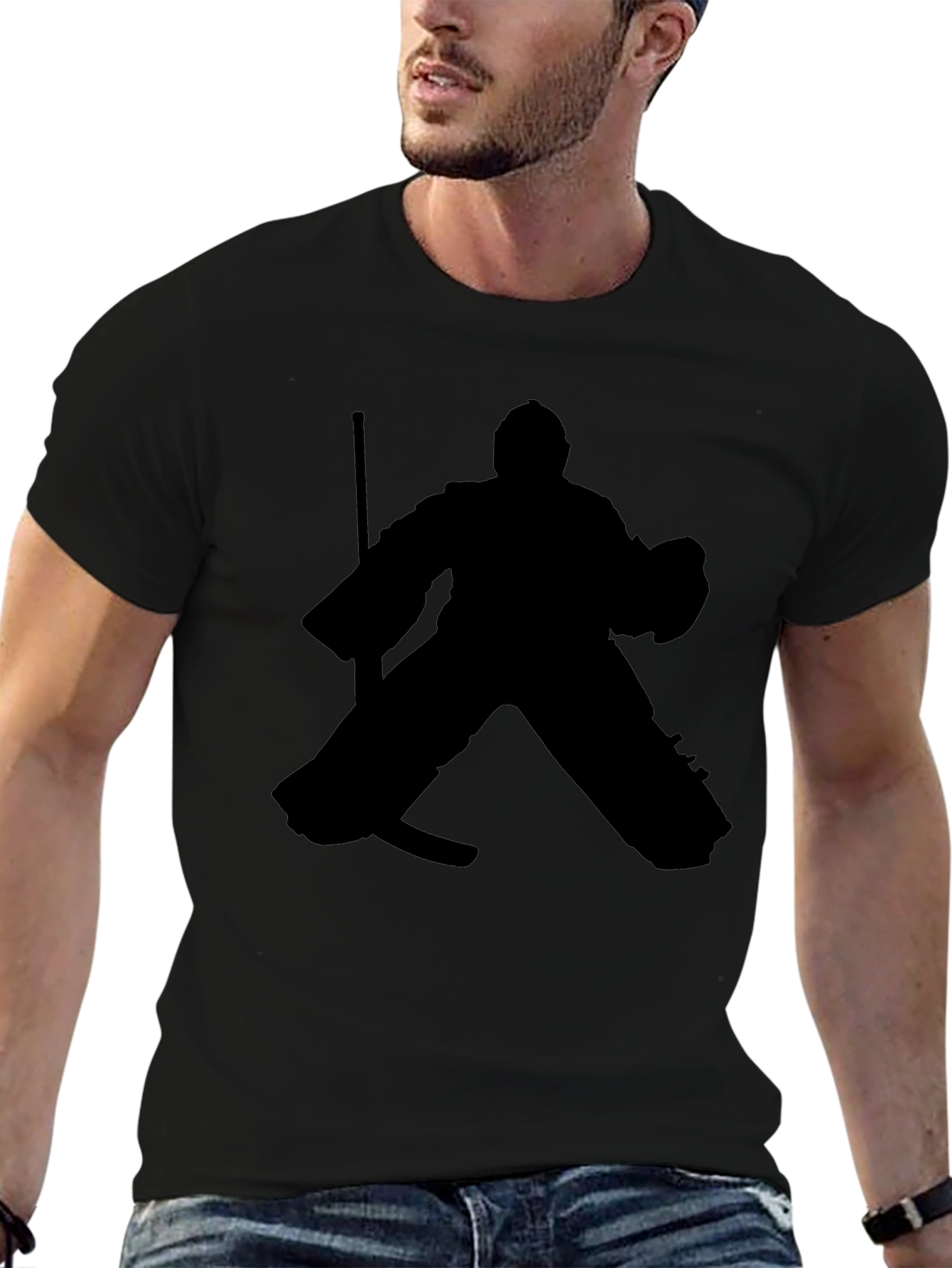 Black Hockey Goalie Silhouette Graphic Tee - Black Cotton T-Shirt view 6