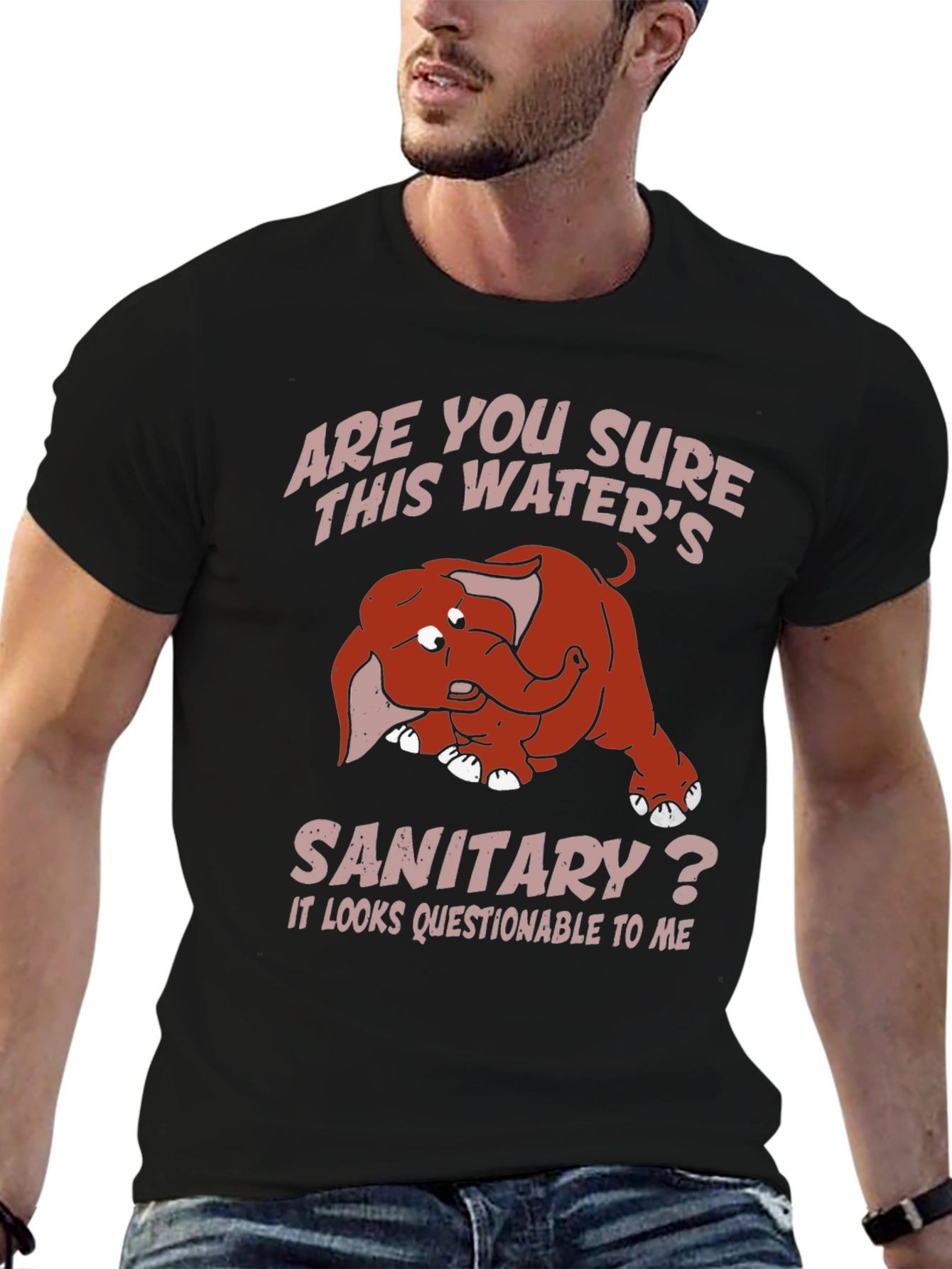 Black Humorous Elephant T-Shirt: Sanitary Water? view 6