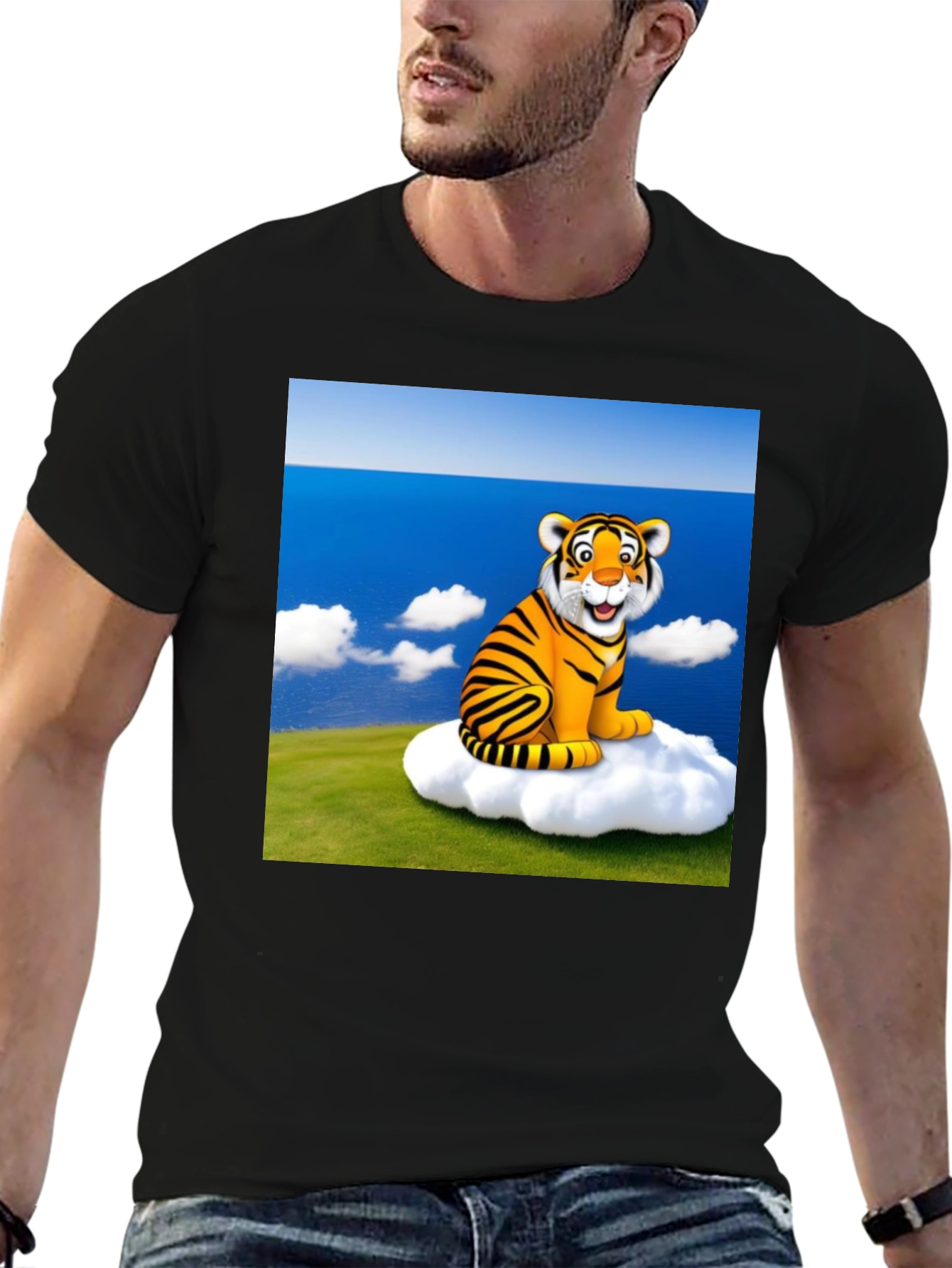 Black Cartoon Tiger on Cloud Black T-Shirt view 6