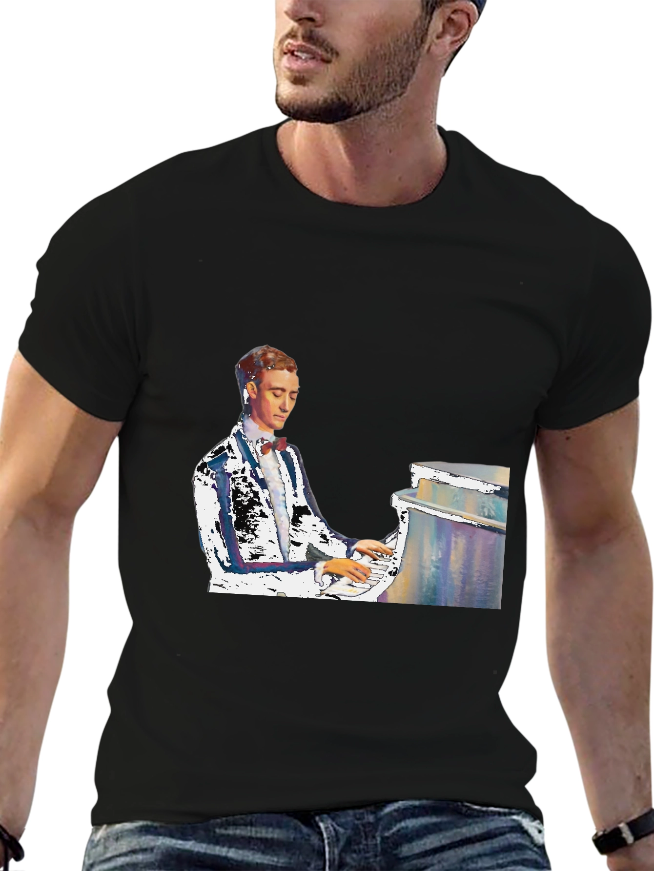 Black Piano Man Graphic Tee - Black Cotton T-Shirt view 6