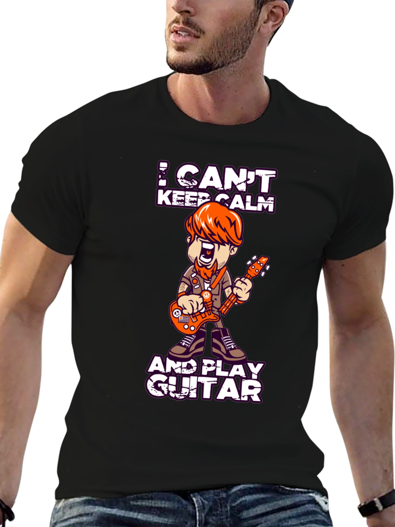 Black I Can't Keep Calm and Play Guitar T-Shirt view 6