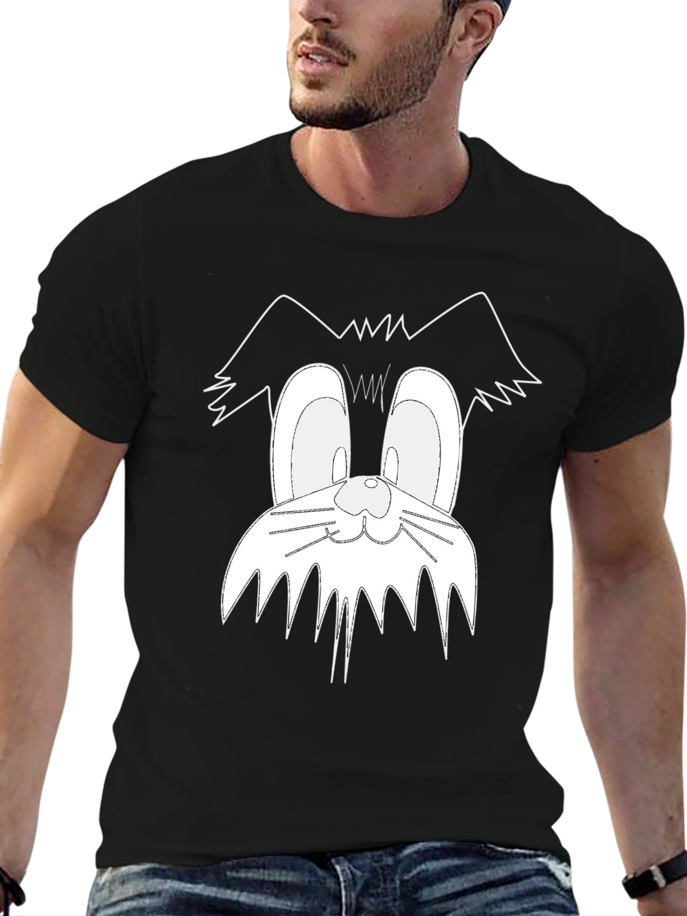 Black Cartoon Cat Face Graphic Tee - Black view 6