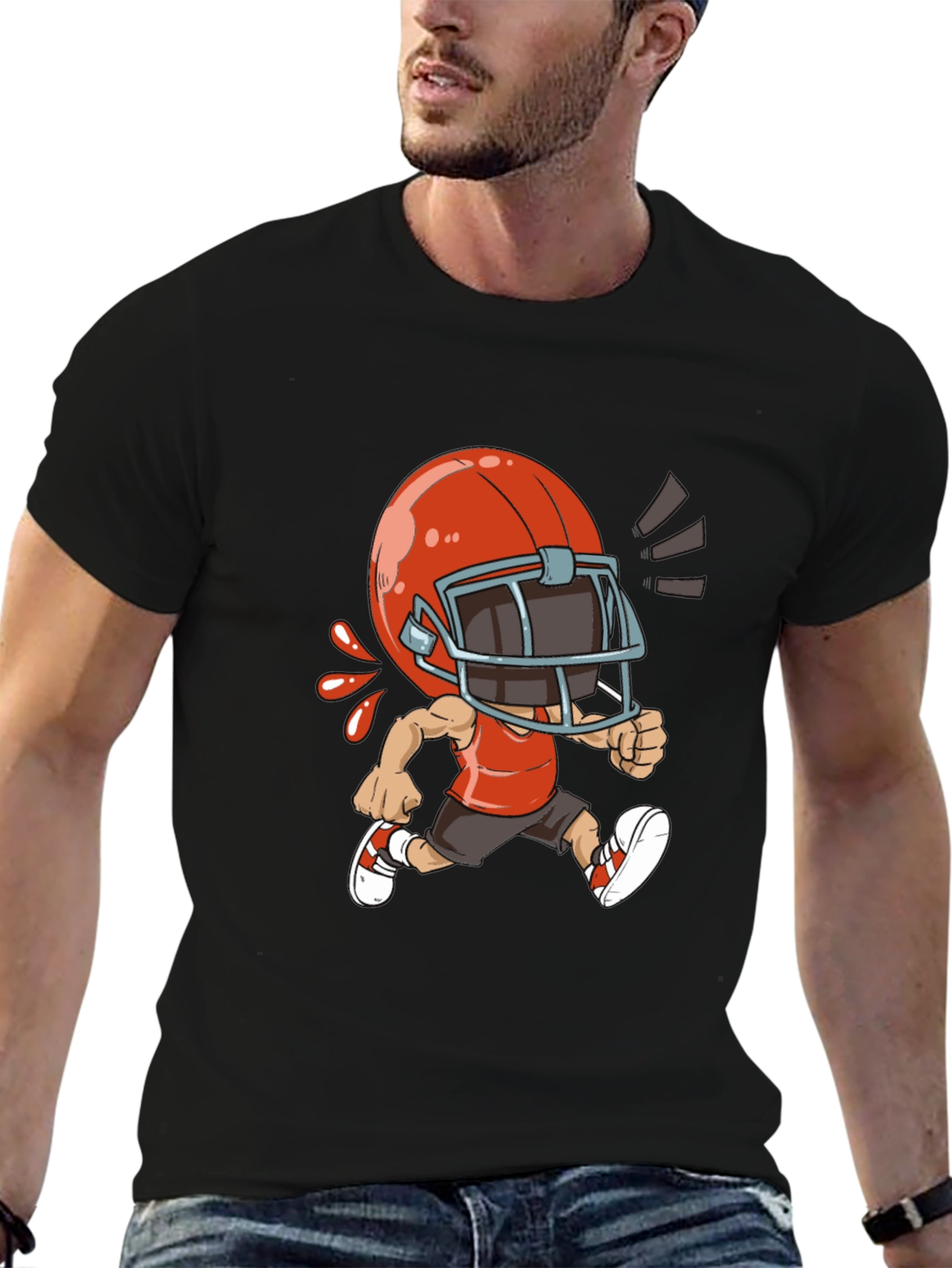 Black Cartoon Football Player Black T-Shirt view 6