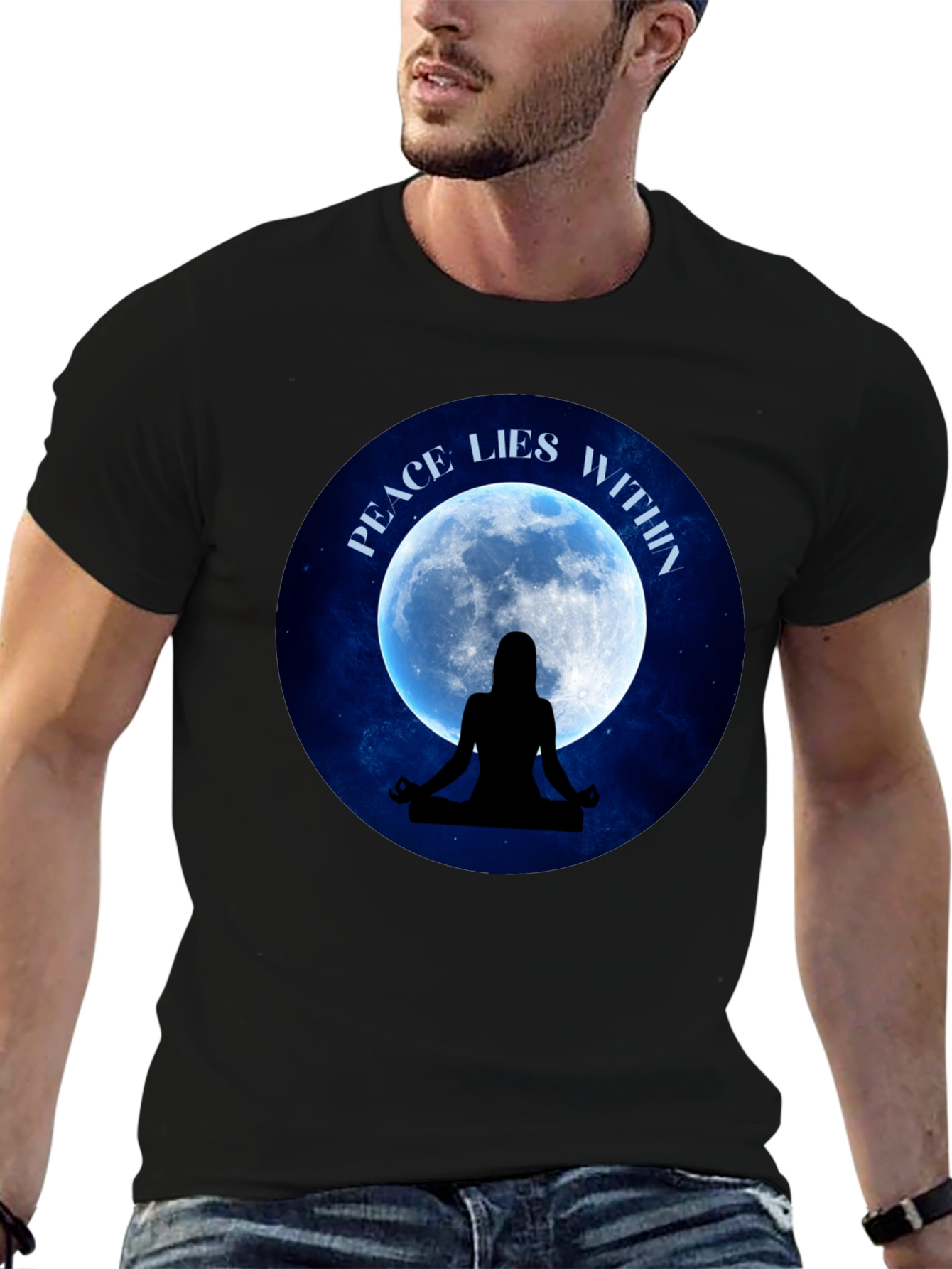 Black Peace Within T-Shirt - Meditating Silhouette Moon Graphic Tee view 6