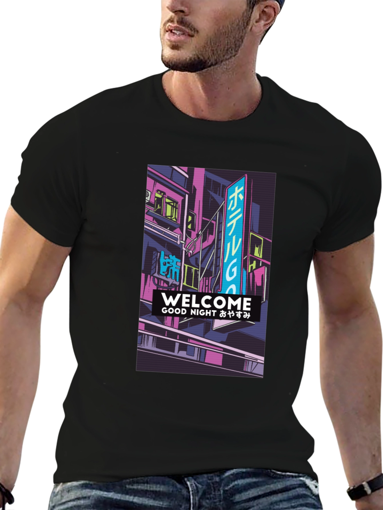 Black Neon Cityscape Graphic T-Shirt view 6