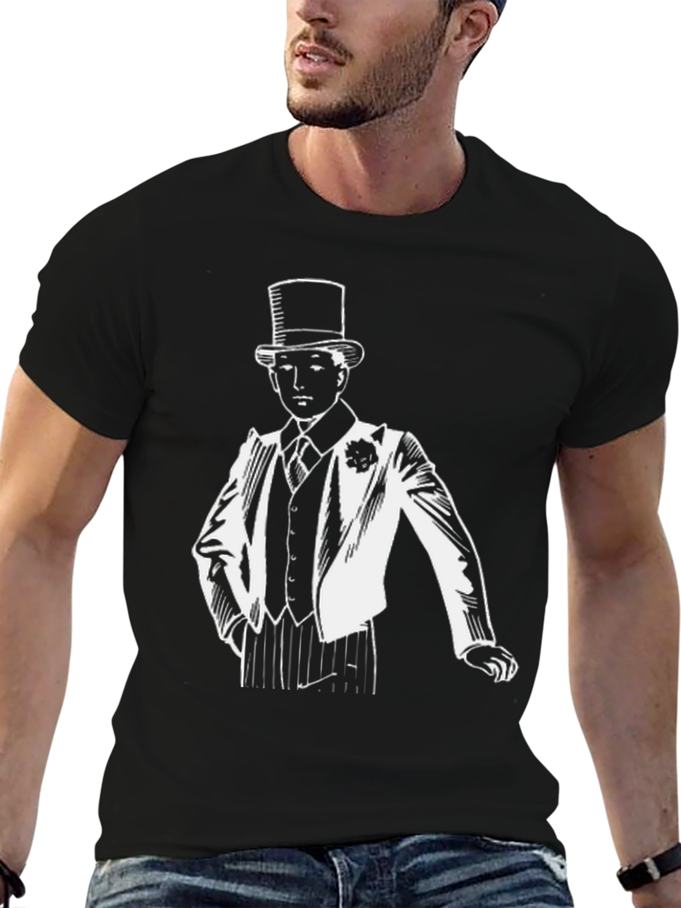Black Dapper Gentleman T-Shirt - Top Hat & Suit Design view 6