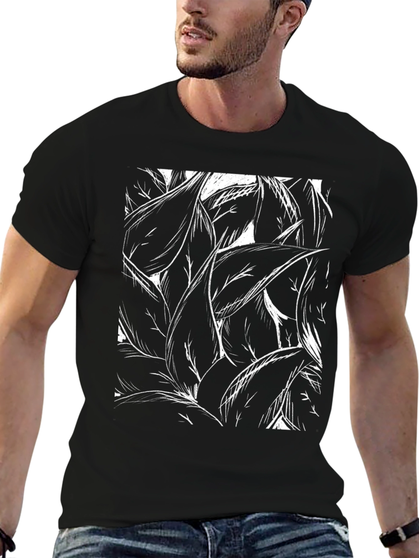 Black Abstract Leaf Print Black T-Shirt view 6