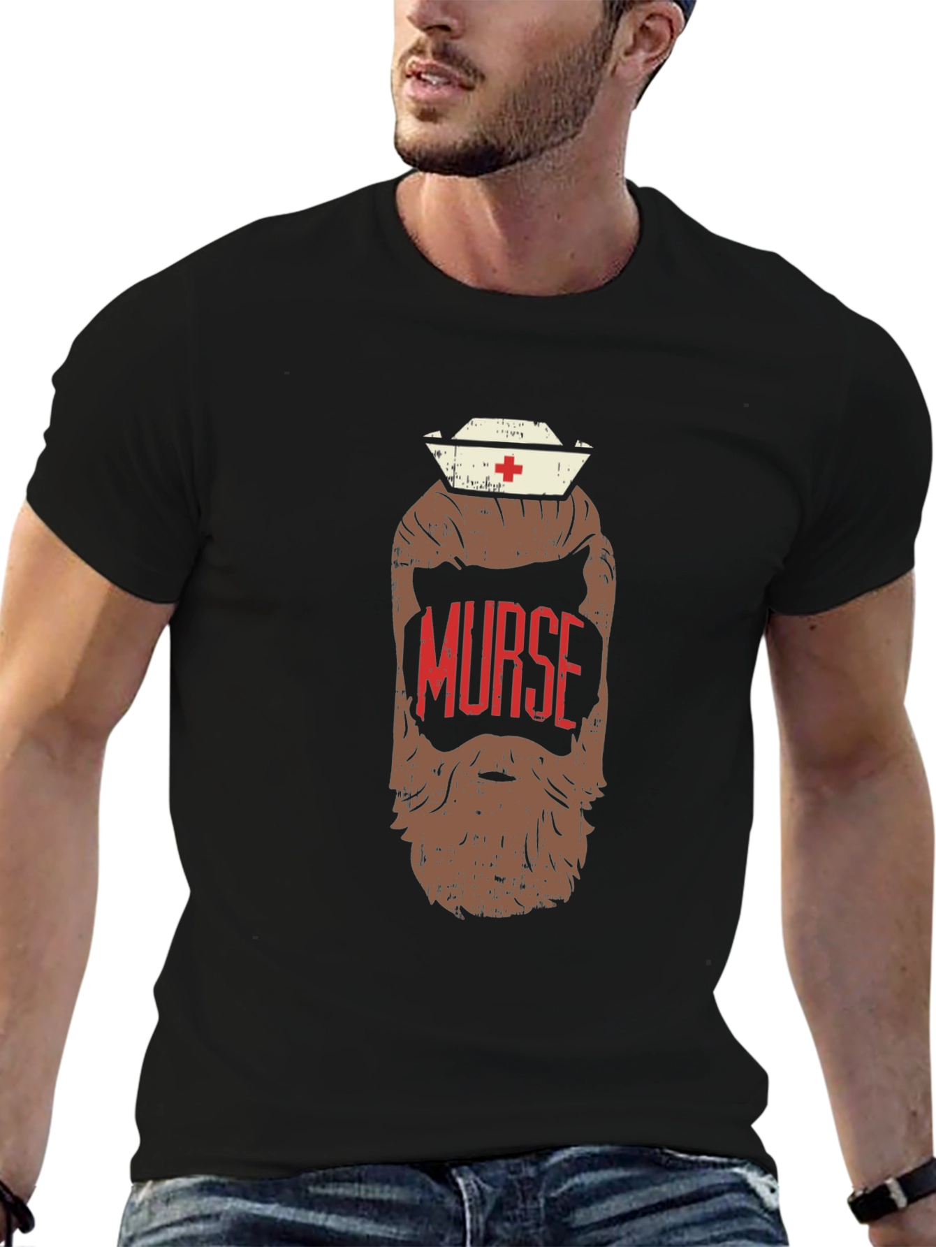 Black Murse Beard T-Shirt - Novelty Nurse Graphic Tee view 6