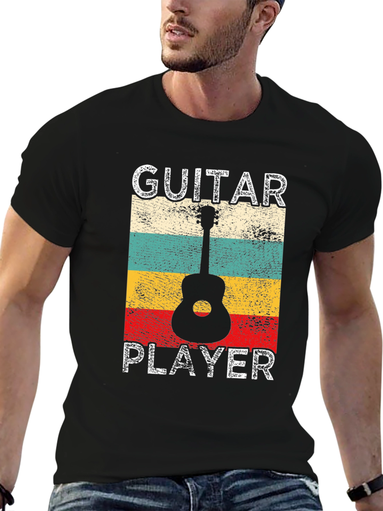Black Guitar Player Retro T-Shirt - Music Lover Tee view 6