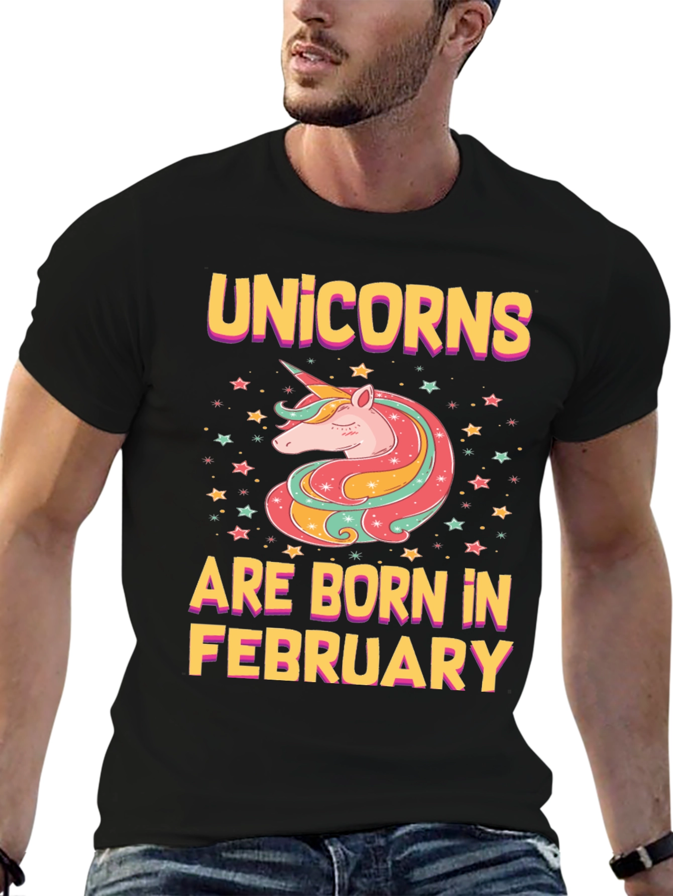 Black Unicorns Born in February Black T-Shirt view 6