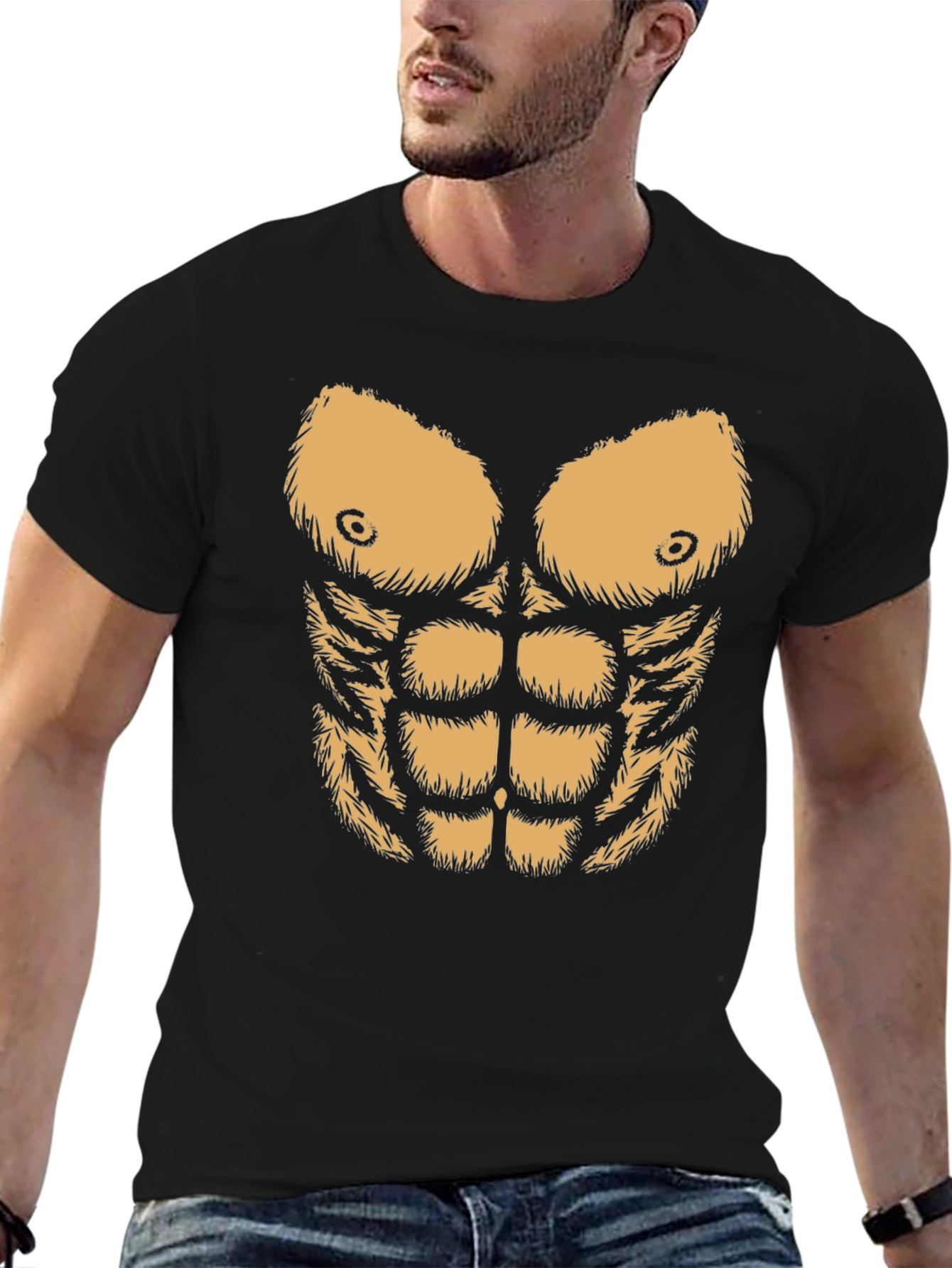 Black Funny Hairy Chest Six Pack Abs T-Shirt view 6
