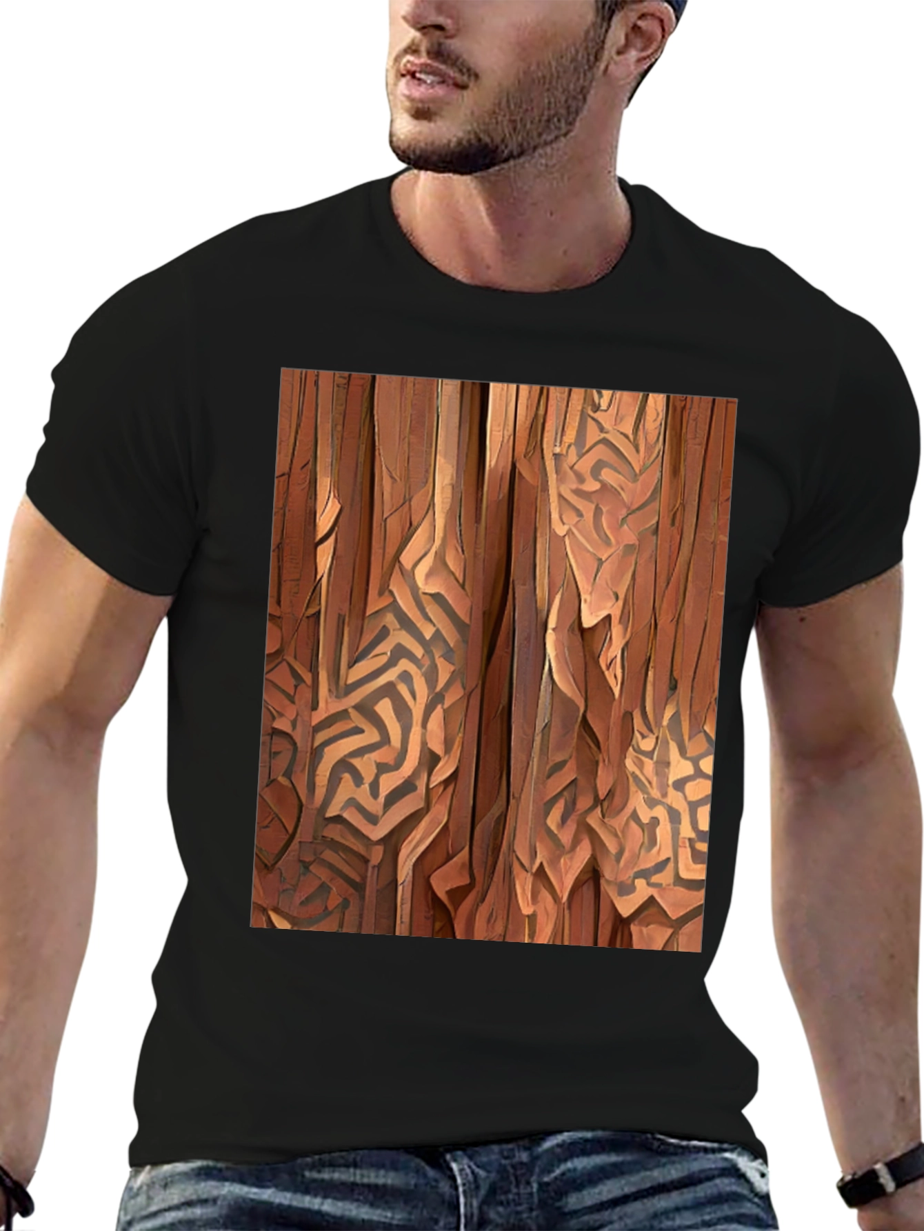 Black Abstract Wood Pattern Black T-Shirt view 6