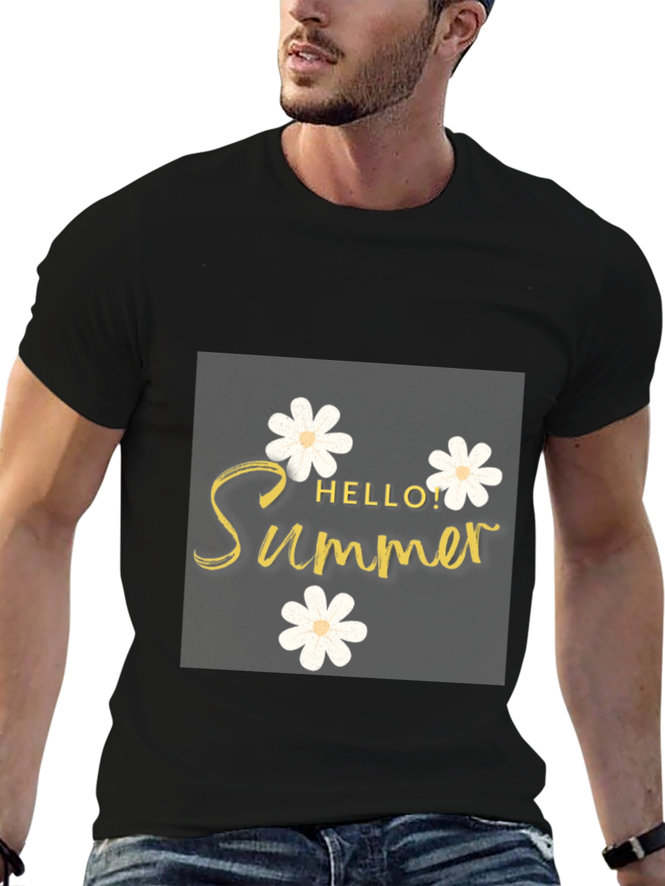 Black Hello Summer Black T-Shirt with Floral Design view 6