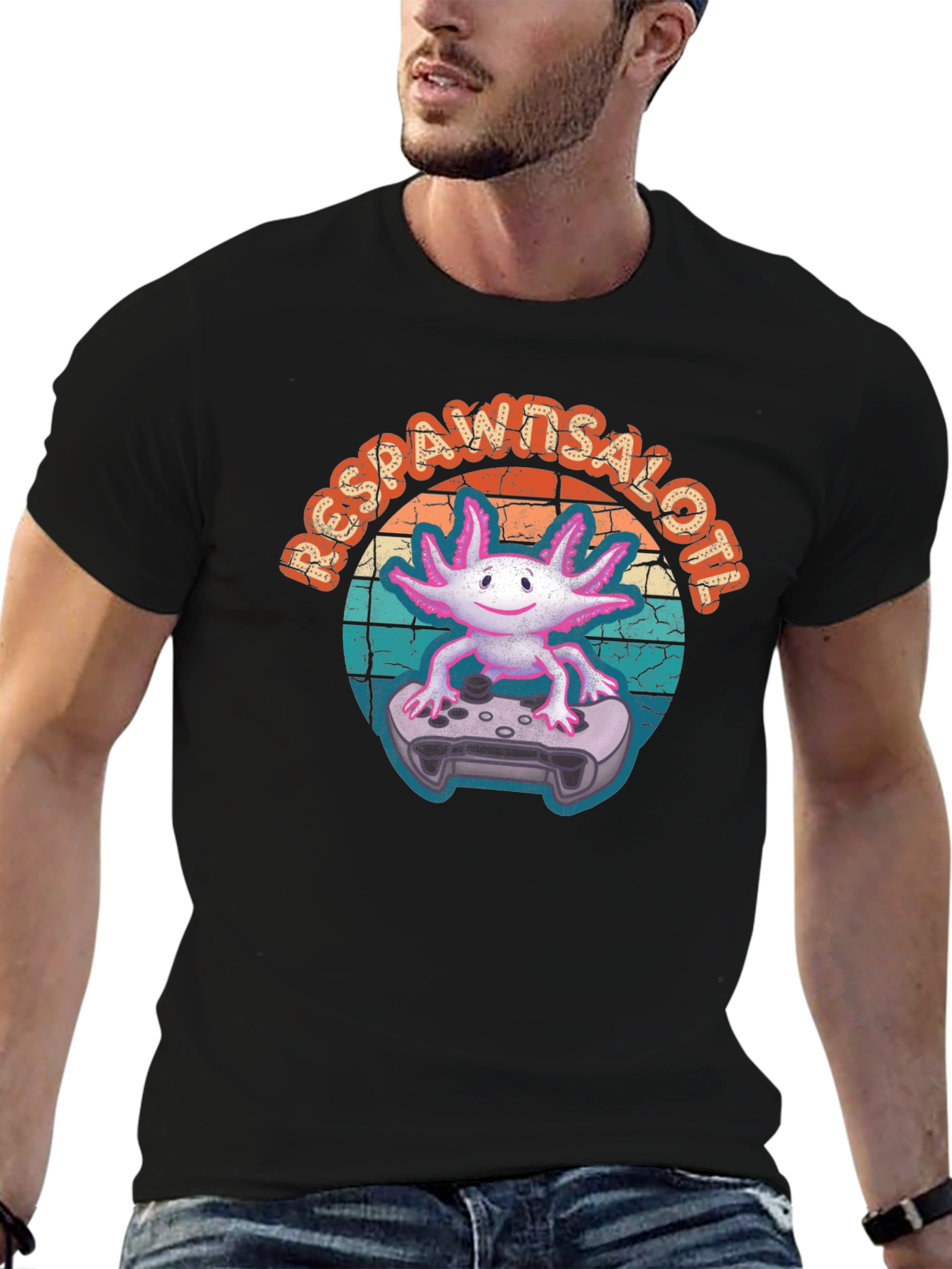 Black Respawn Axolotl Gamer T-Shirt view 6