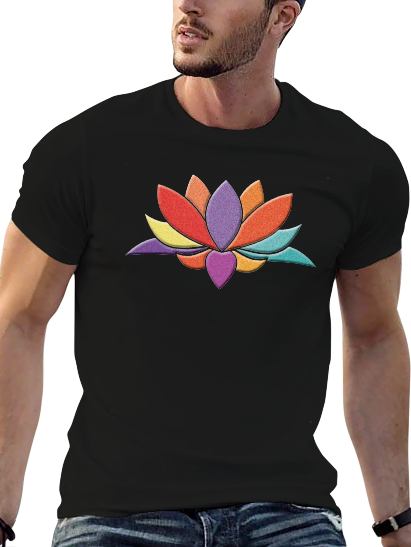 Black Colorful Lotus Flower Graphic Black T-Shirt view 6