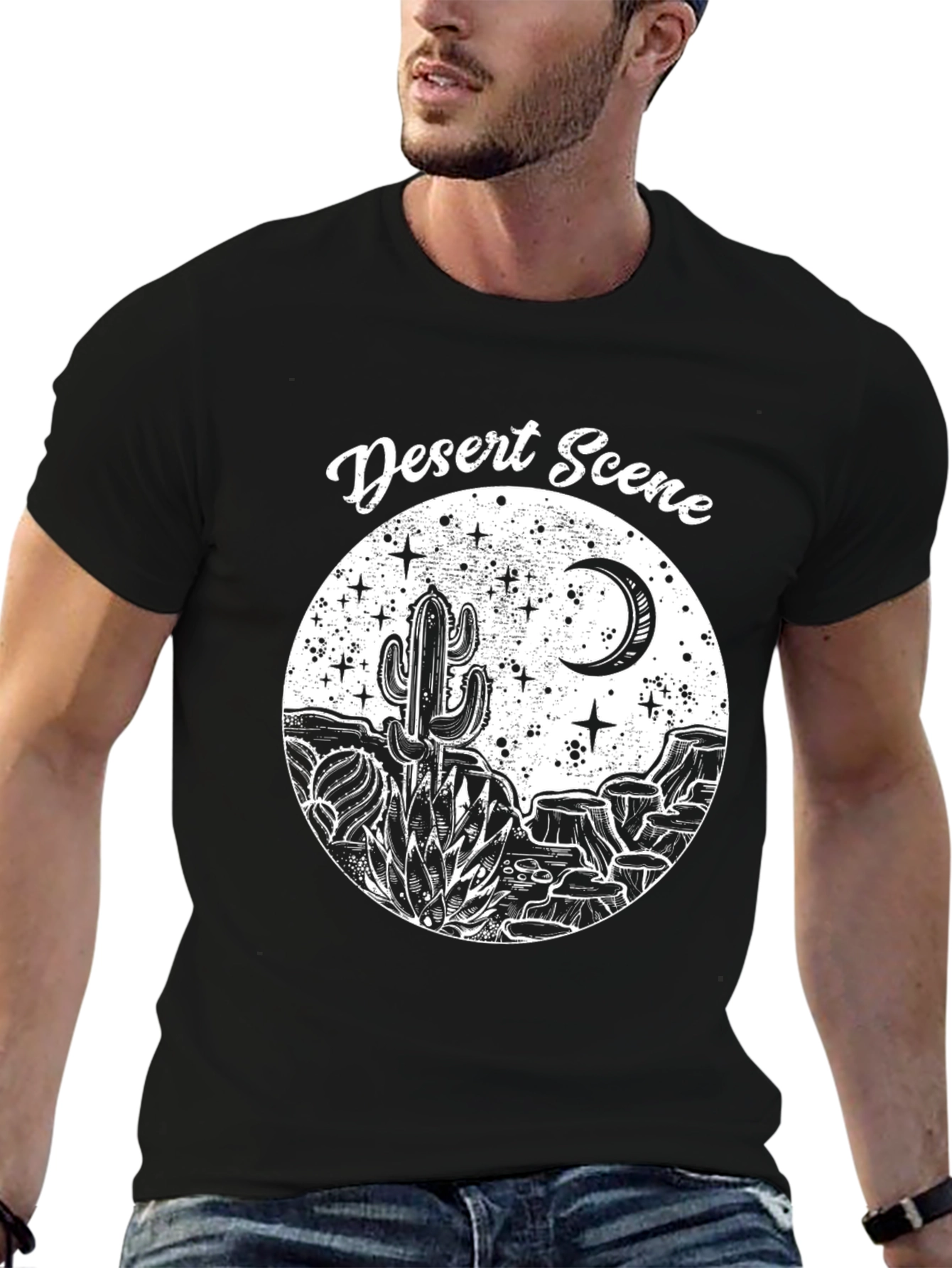Black Desert Scene Graphic Tee - Black Cotton T-Shirt view 6