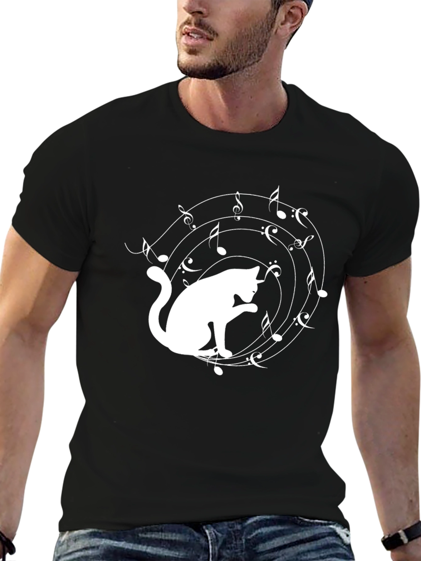Black Cat Music Lover T-Shirt - Black Cotton Tee view 6
