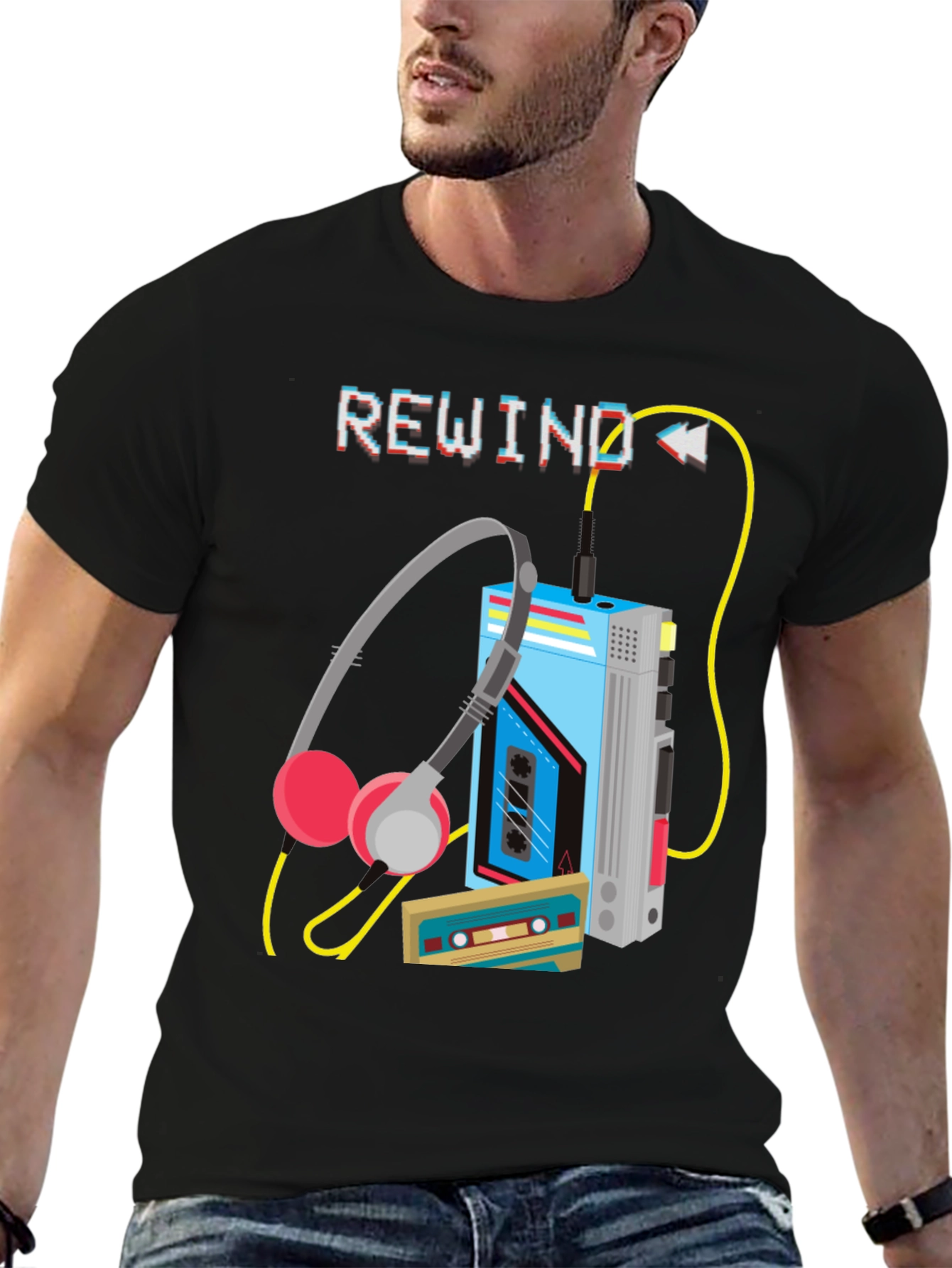 Black Rewind Cassette Player Graphic T-Shirt view 6