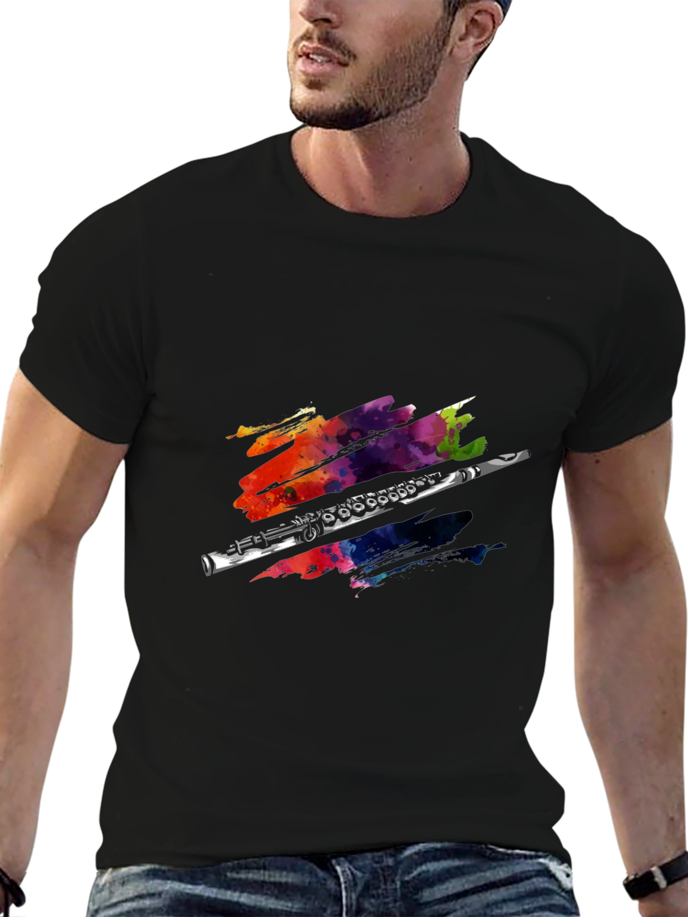Black Flute Watercolor Graphic Print T-Shirt view 6