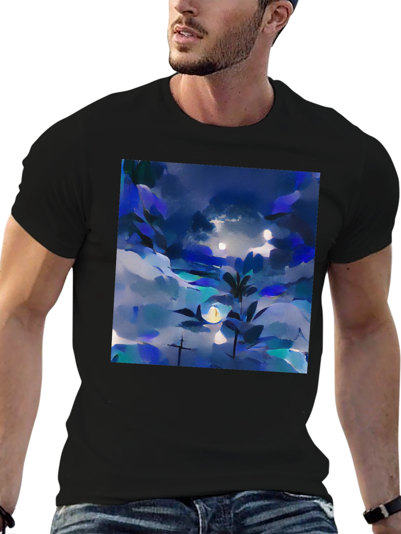 Black Abstract Nightscape Graphic Tee - Black Unisex T-Shirt view 6
