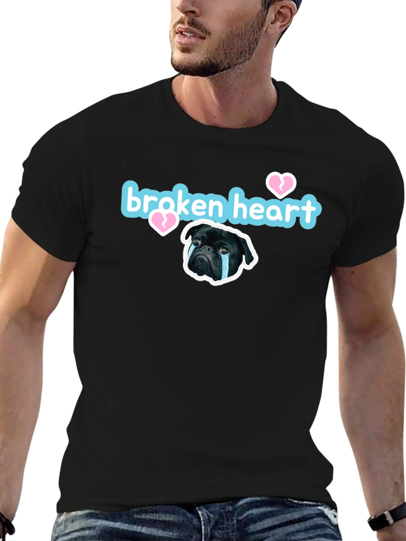 Black Broken Heart Pug Graphic Tee - Black Short Sleeve view 6