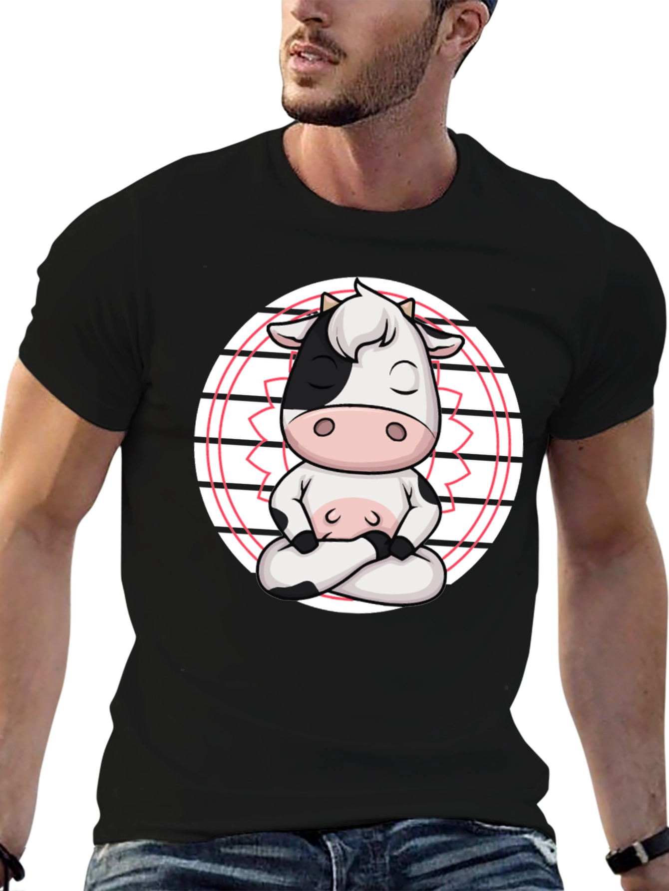 Black Zen Cow T-Shirt - Meditating Cartoon Animal Tee view 6