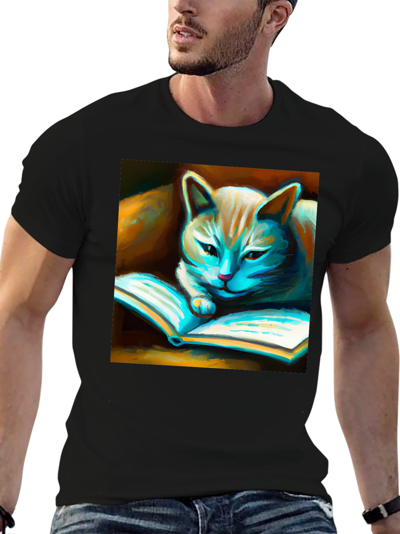 Black Cat Reading Book Graphic T-Shirt view 6
