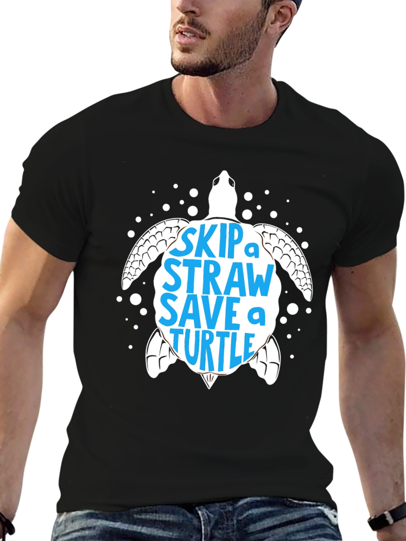 Black Skip a Straw Save a Turtle Graphic Tee - Eco-Friendly view 6