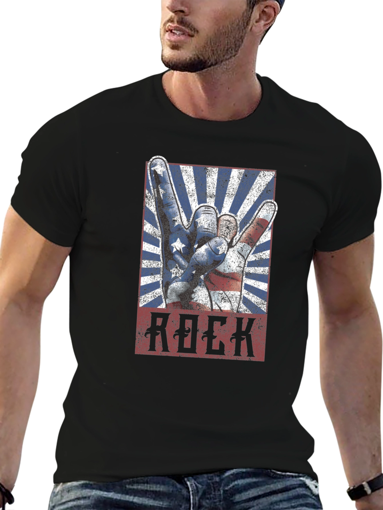 Black American Rock Hand Gesture Graphic T-Shirt view 6