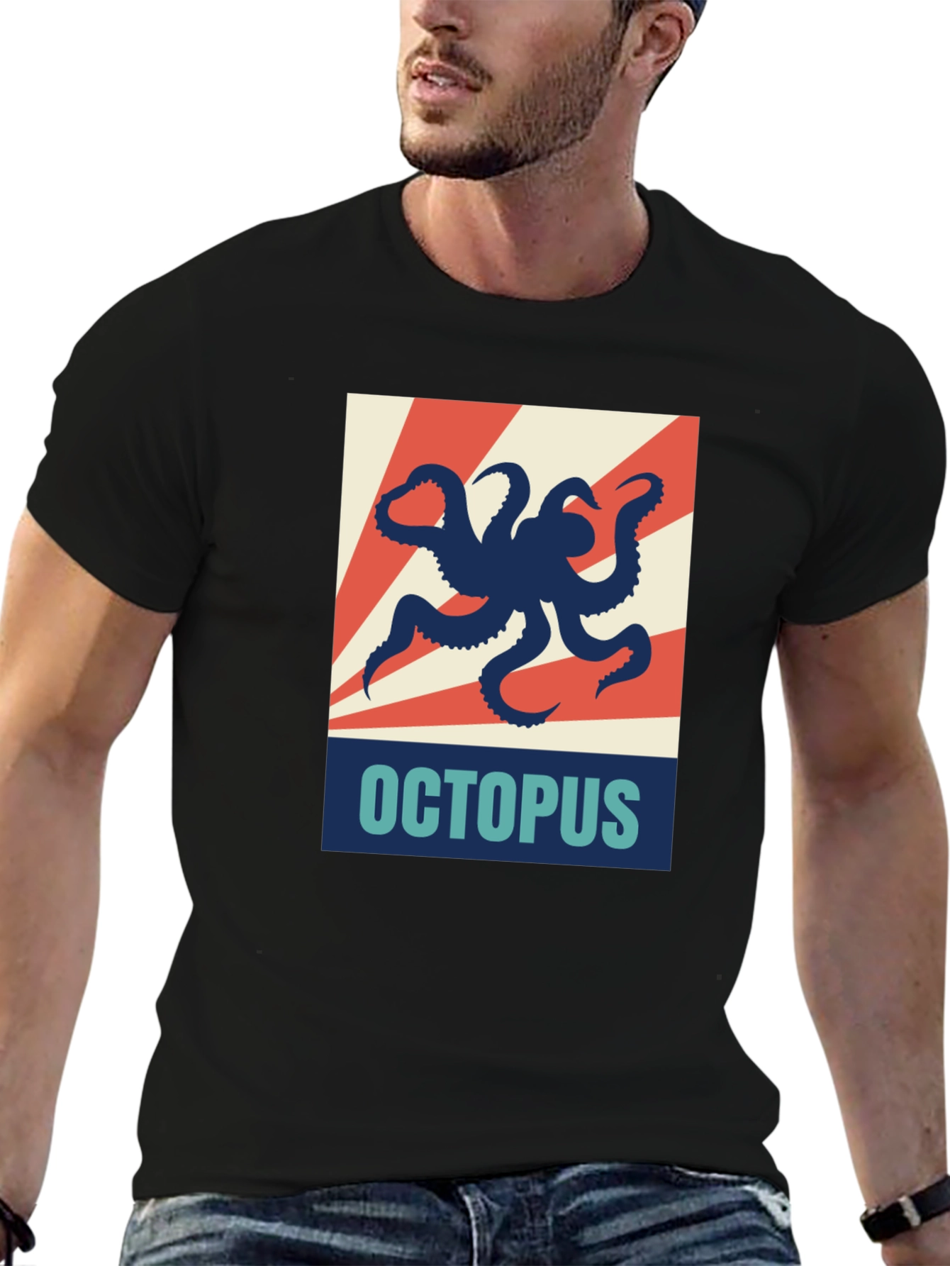 Black Octopus Graphic Print Crew Neck T-Shirt view 6