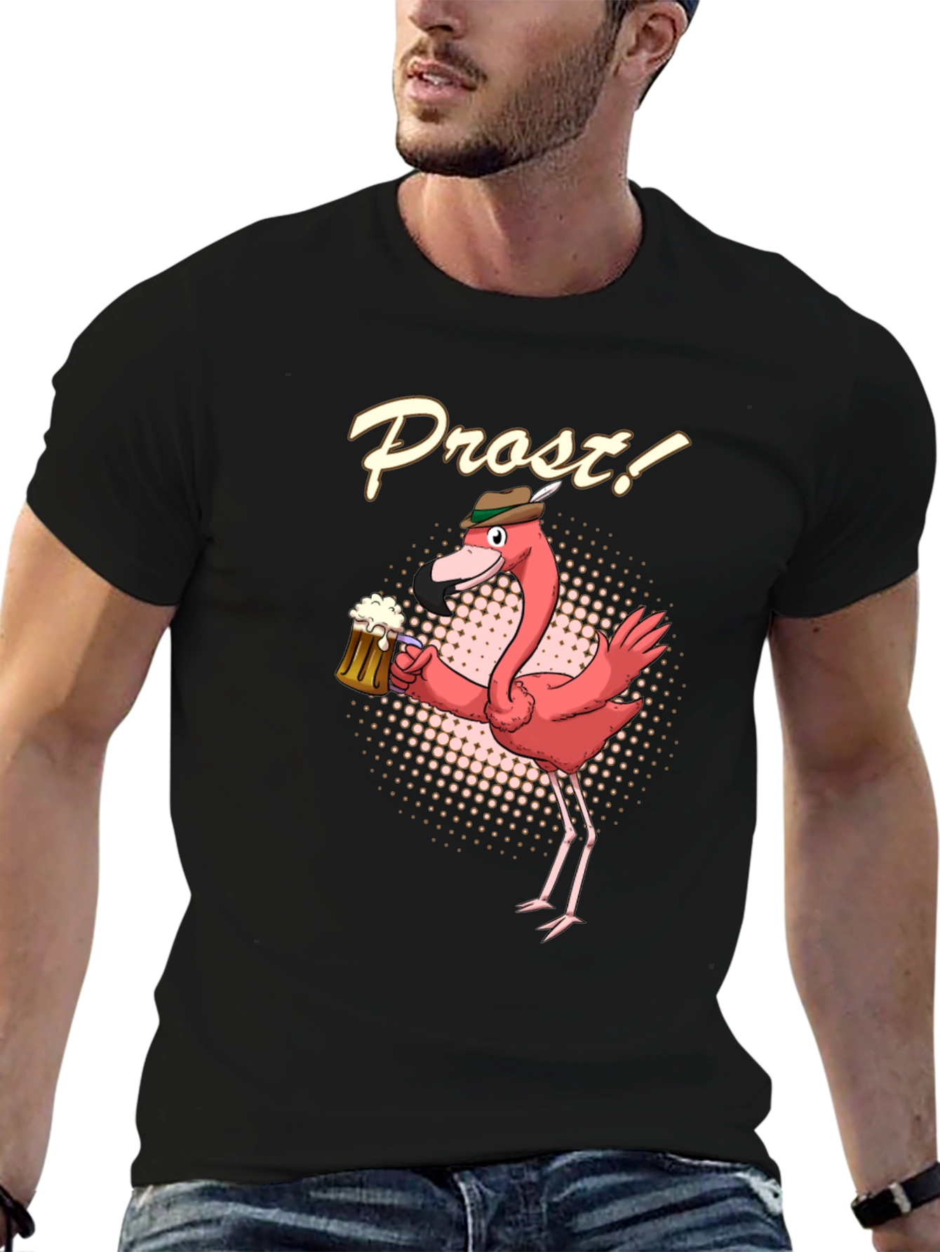 Black Funny Flamingo Prost Beer T-Shirt view 6
