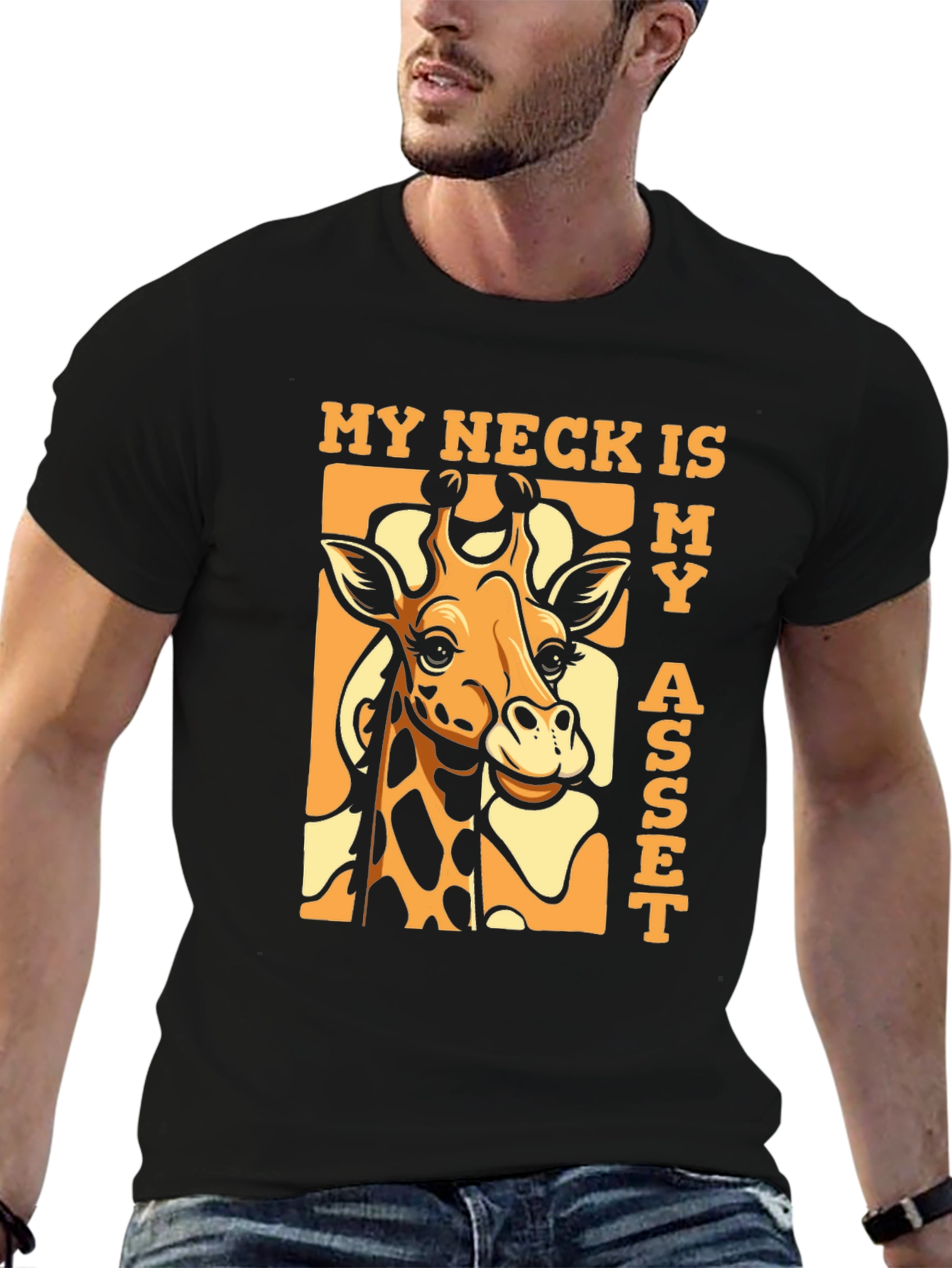 Black Funny Giraffe 'My Neck Is My Asset' T-Shirt view 6