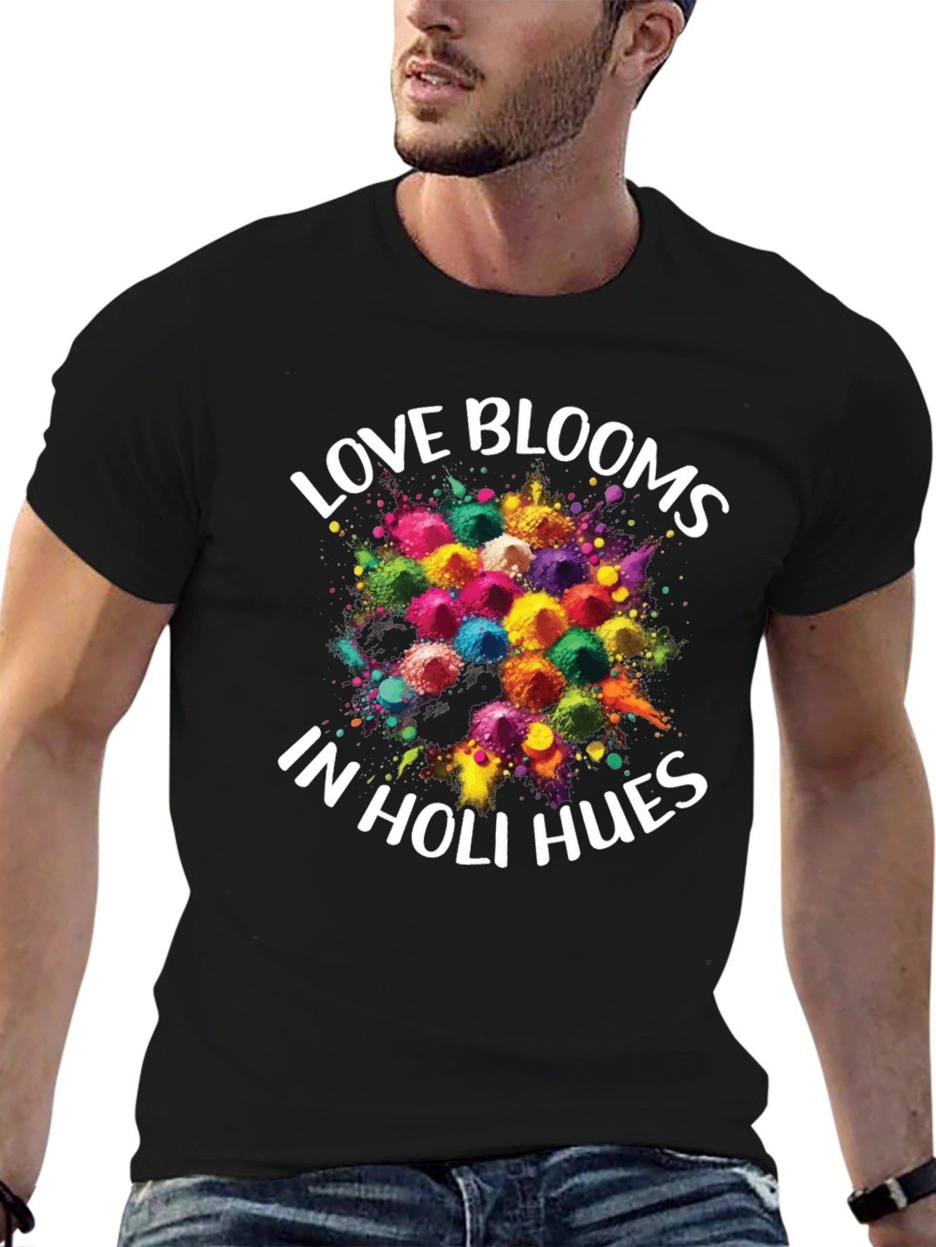 Love Blooms in Holi Hues Black T-Shirt - 6