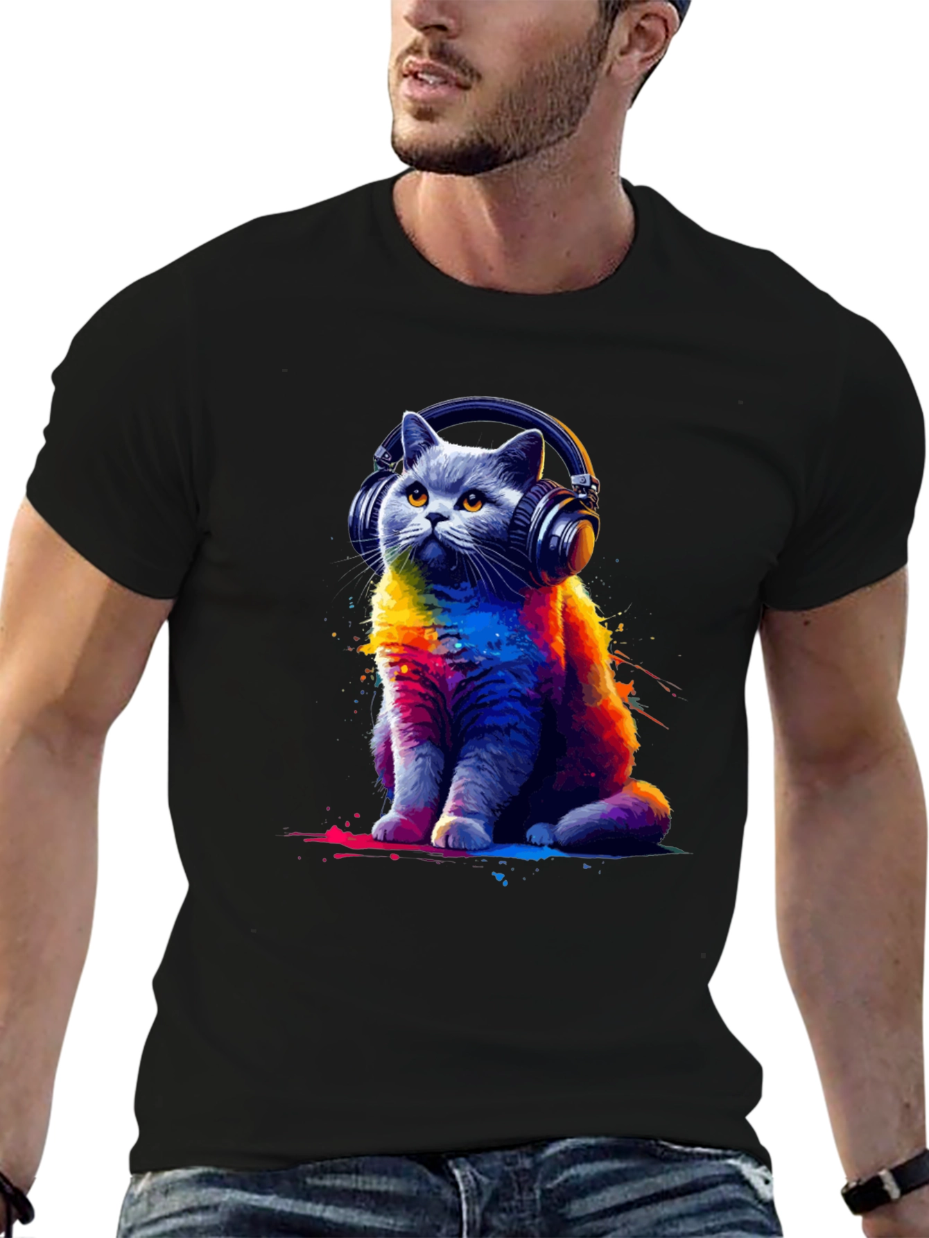 Black Cool Cat Headphones T-Shirt - Colorful Graphic Tee view 6