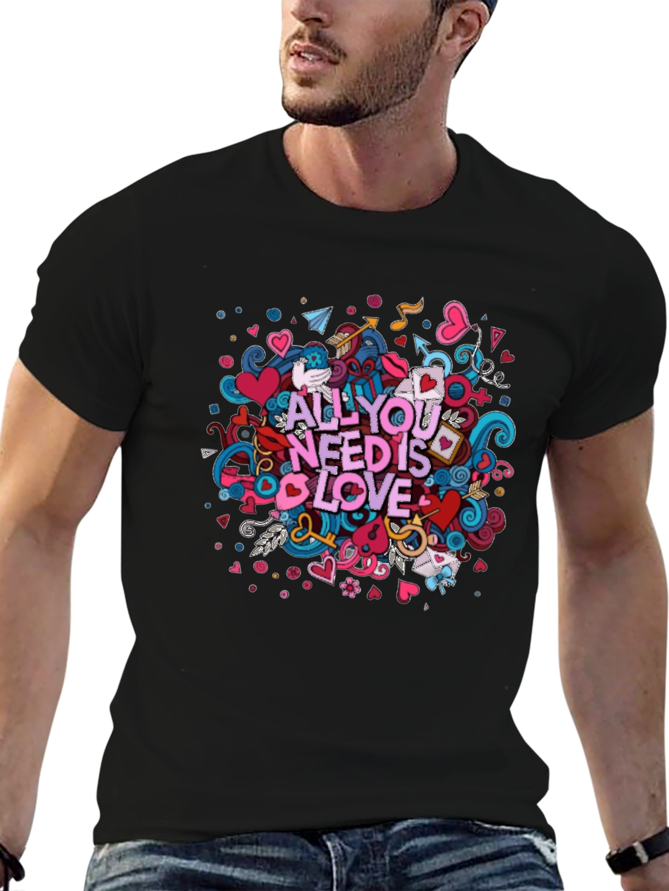 Black All You Need is Love Graphic T-Shirt - Black Cotton Tee view 6
