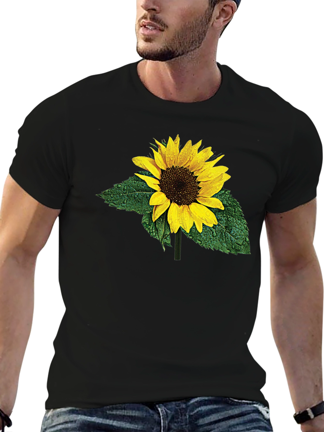 Black Sunflower Print Black T-Shirt view 6