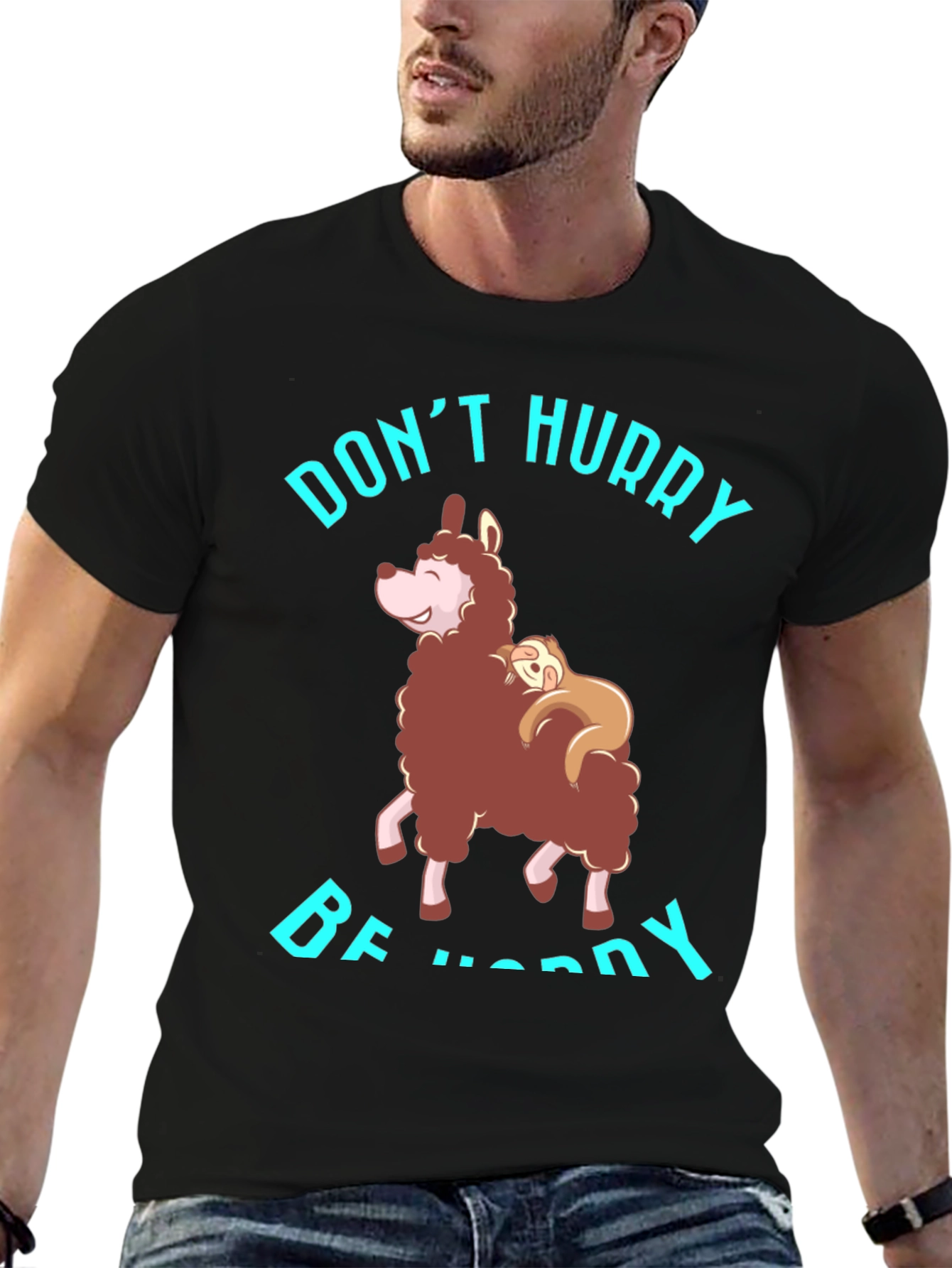 Black Don't Hurry Be Happy Sloth & Llama Graphic Tee view 6