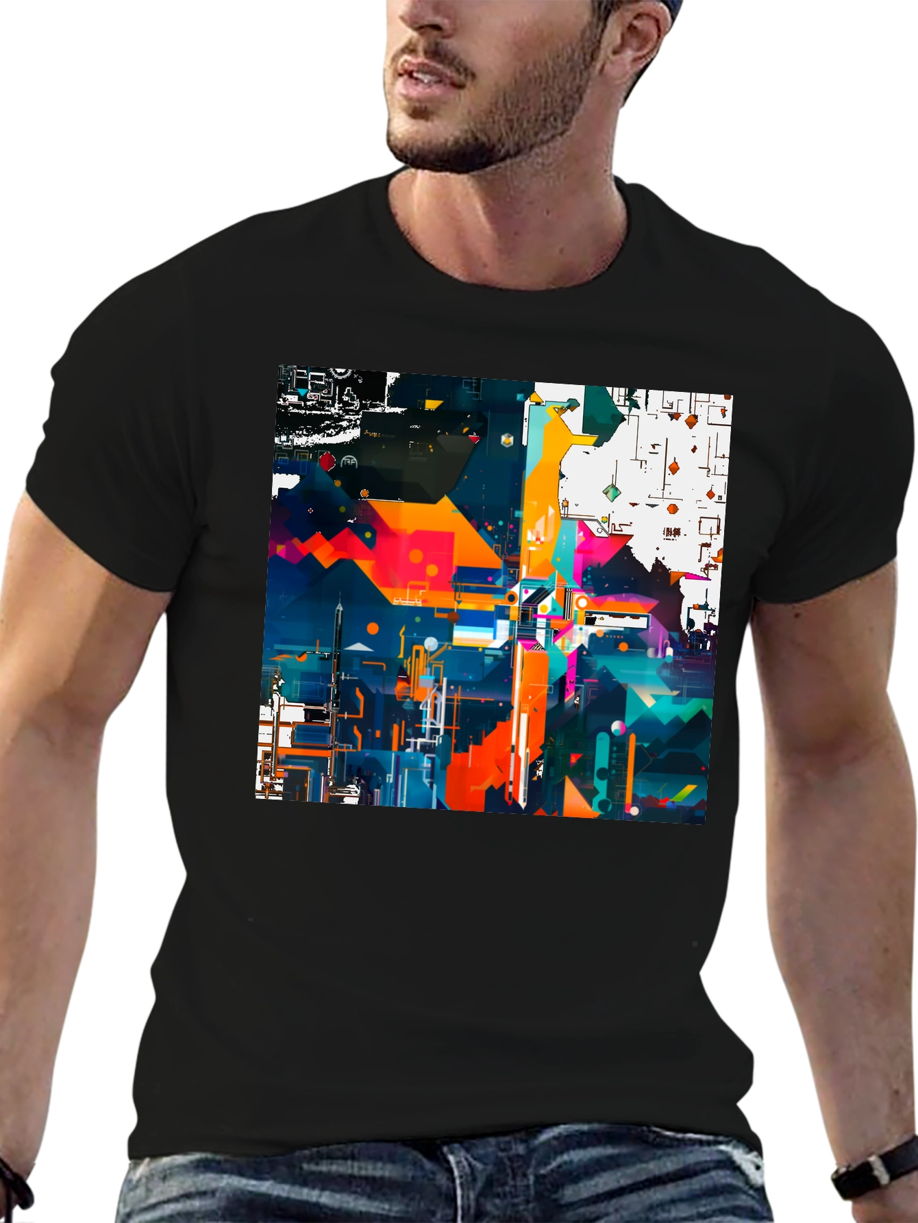 Black Abstract Geometric Art Print Black Tee view 6