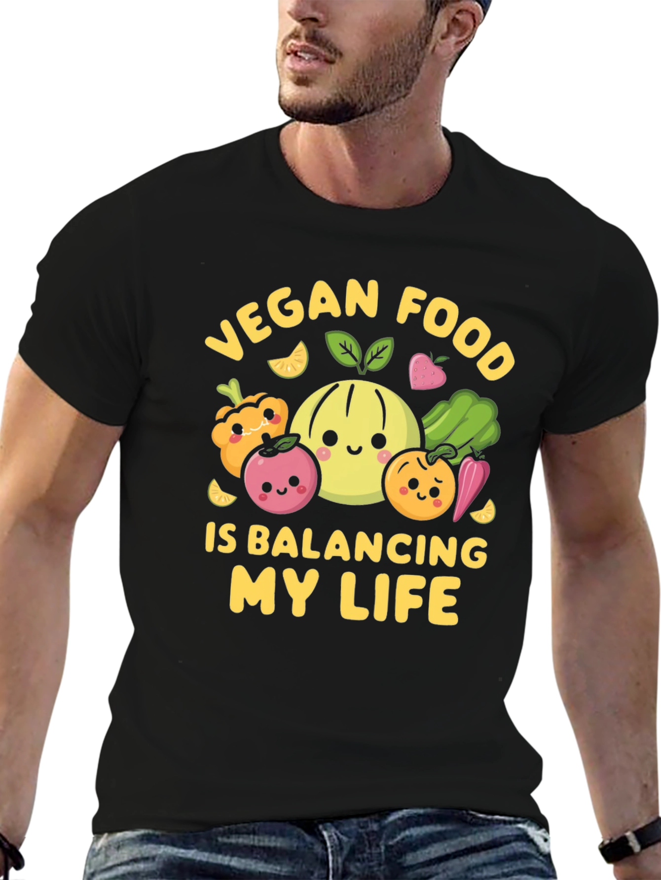 Black Vegan Food Balancing Life T-Shirt view 6