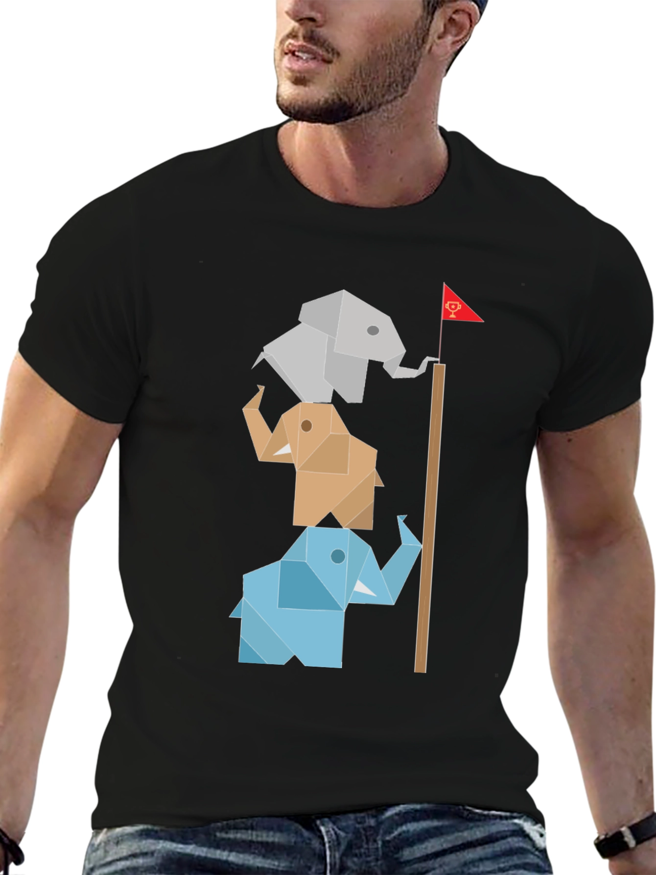 Black Origami Elephant Totem Tee - Unique Graphic Design view 6