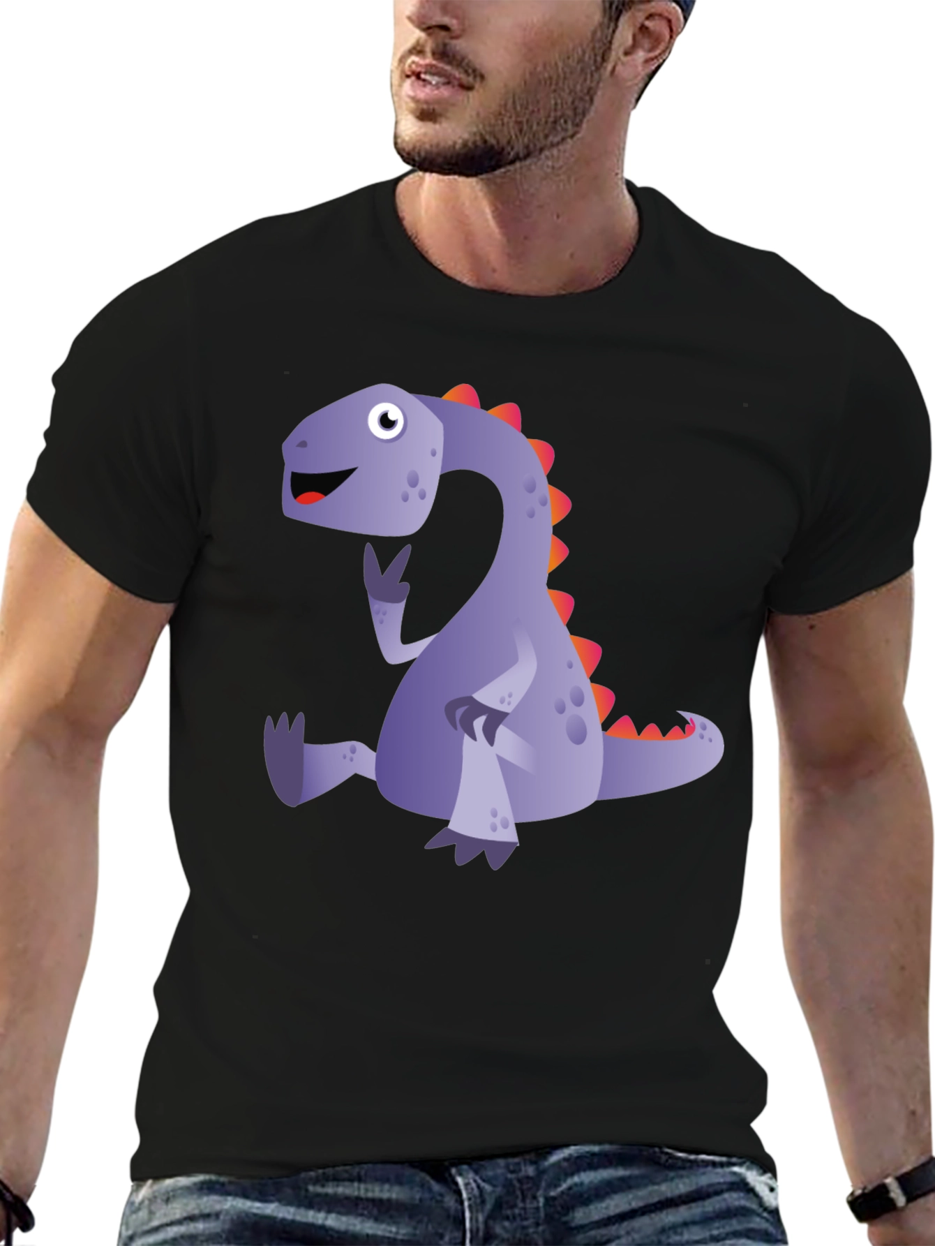 Black Cartoon Dinosaur T-Shirt - Black view 6