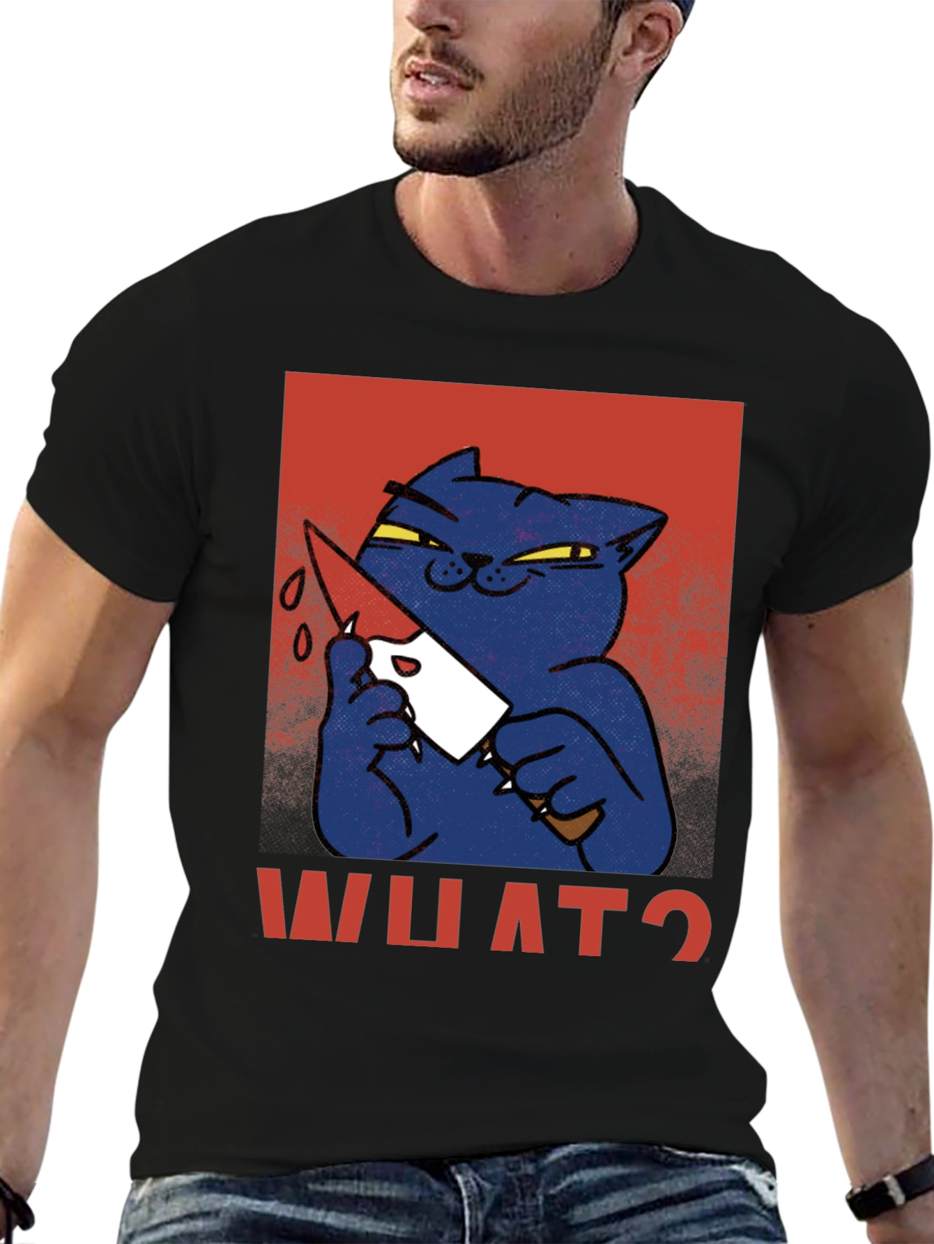 Black Killer Cat Graphic T-Shirt - "WHAT?" Funny Men's Tee view 6